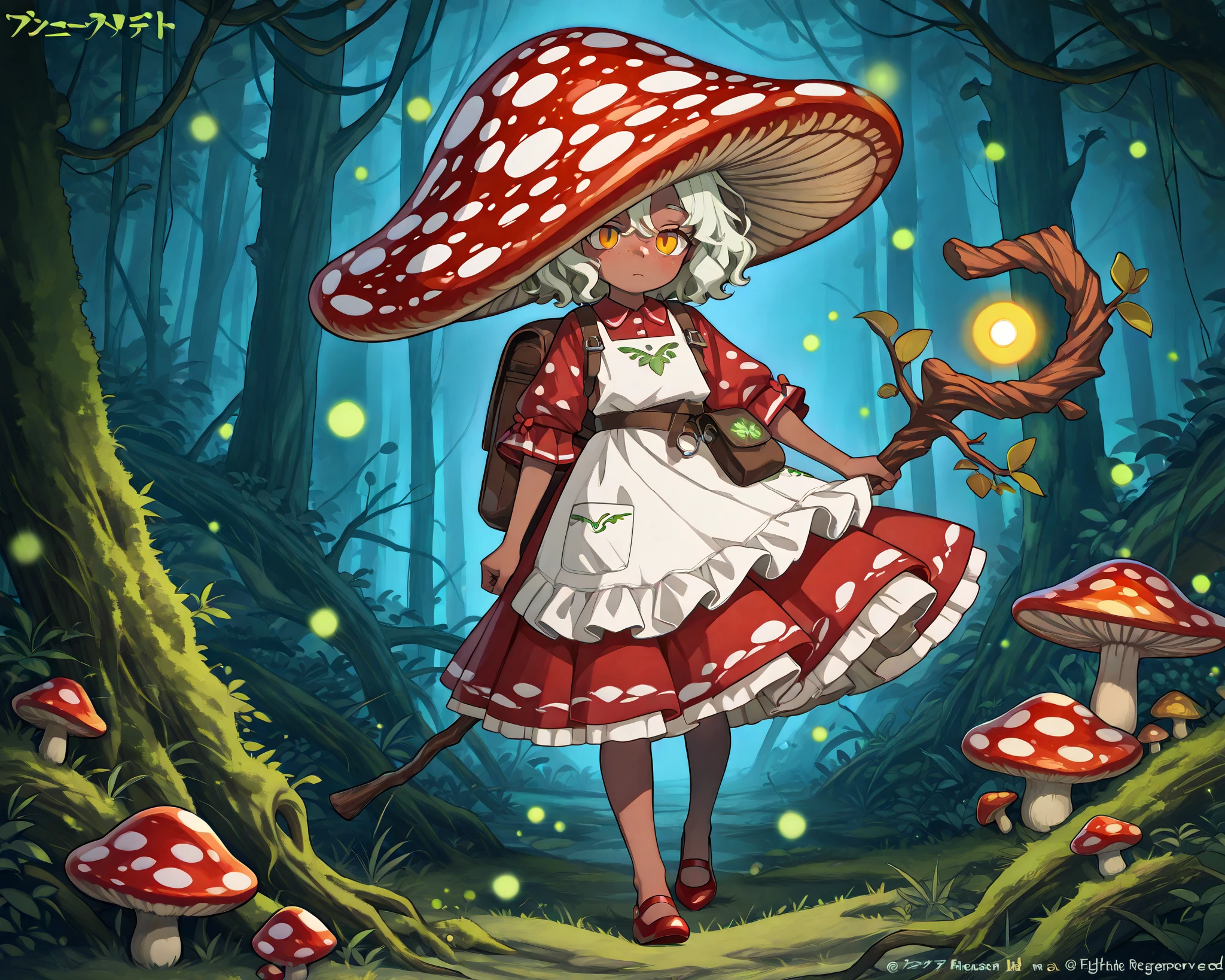  a witch with tanned dark skin covered with freckles. She has yellow/red eyes. She has loose ginger red wavy hair, long to her feet. She wears a swampy green medieval witch's dress and an apron with two pockets. You're wearing a potion belt. There is a bag over her shoulder with medicinal herbs sticking out of it. She has pointy witch's shoes. She wears a red fly Agaric (mushroom) hat on her head. In her hand she holds a staff in the shape of a tree branch overgrown with moss. she slowly walking in the mushroom grove  where big mushroom-trees grow everywhere around blooming swamp, fireflies are flying in the air. 