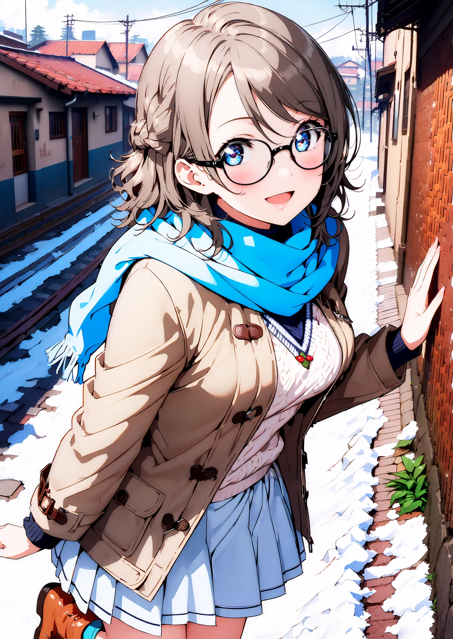 score_9, score_8_up, score_7_up, Alone, 1 girl, Watanabe, short hair,Medium breast,half updo,Glasses,smile,opens her mouth,white breath,blush, duffle coat,(sweater :1.2),( turtleneck:1.2),blue scarf , white long skirt,shoes, snow boots ,snow,morning,standing,full bodyがイラストに入るように,
break outdoors, residential area,
break looking at viewer,full body,
break (masterpiece:1.2),Highest quality , kampala, Unity 8K Wallpaper ,(shape:0.8),( fine, beautiful eyes :1.6),It's a person ,full body写真,CG Details , (perfect hands, complete anatomy),