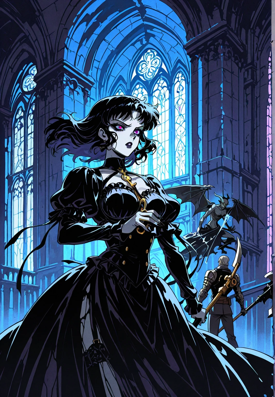 Chica gárgola, goth make-up, piel rocosa gris, senos promedio, fighting en la cumbre de iglesia, holding an axe, skulls. Background: CATHEDRAL, Dark atmosphere, violet light, man behind her
