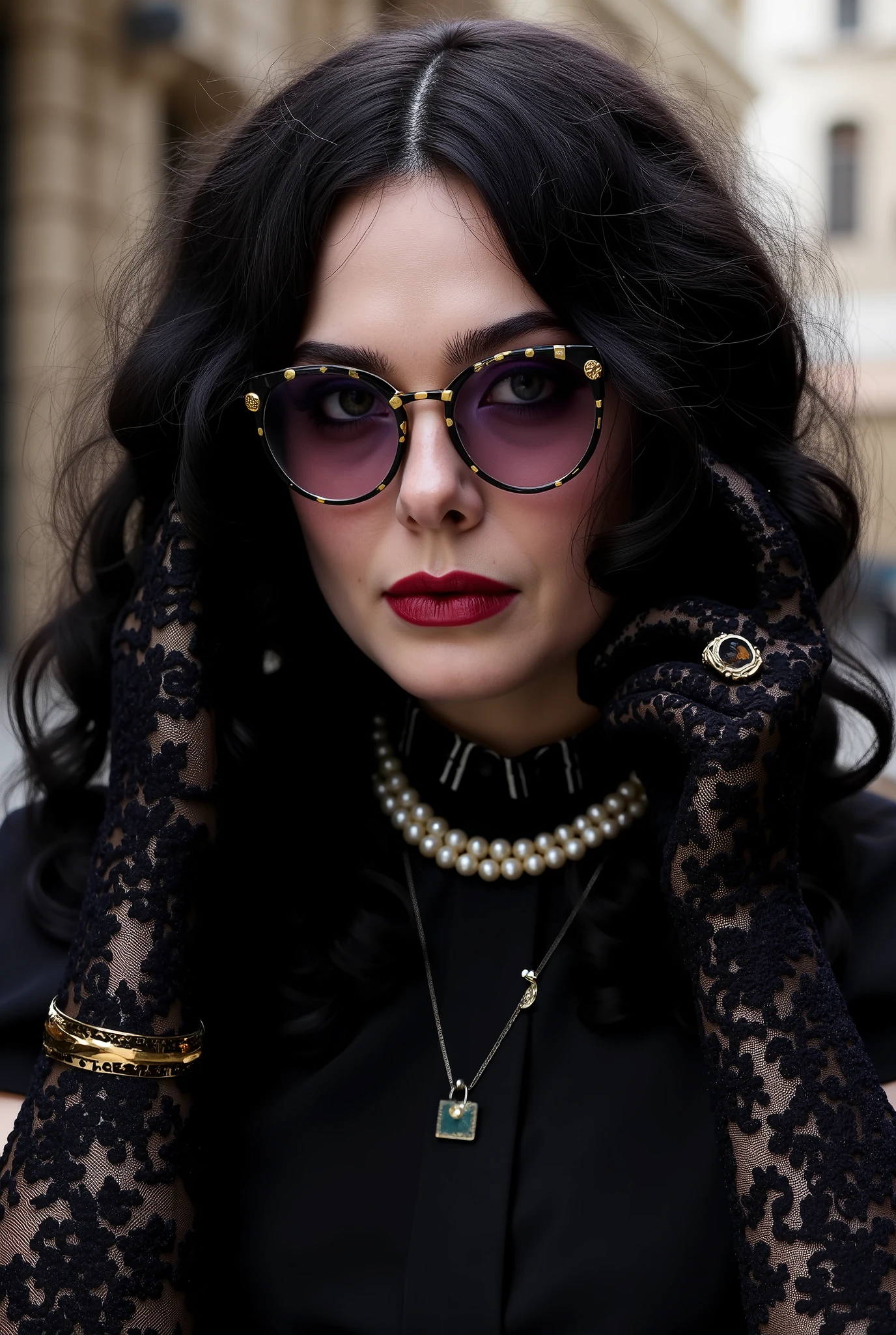 With long, curly black hair、Heavy makeup and purple eyeshadow、Dark eyeliner、Wearing a pearl necklace、Wearing gold-rimmed glasses、Wearing long gloves made of black rose lace、A woman in her wearing a black blouse with a striped stand-up collar.