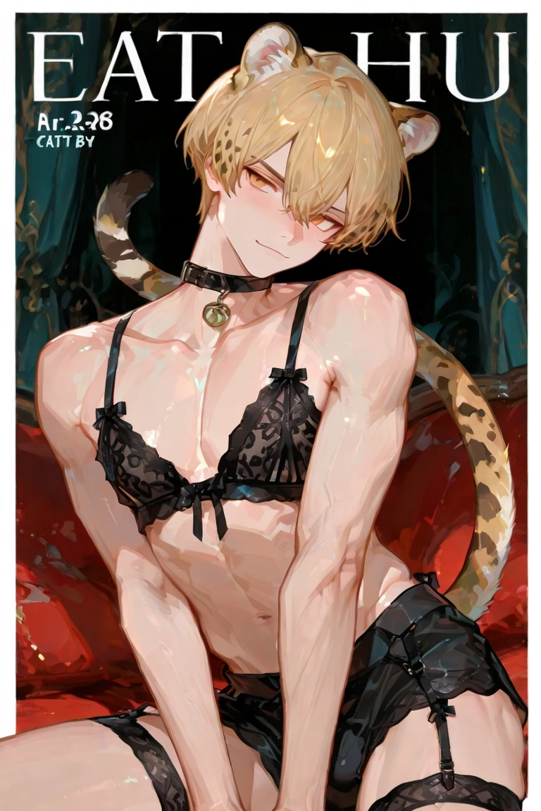 Solo, feminine boy, short messy light brown hair, amber eyes, brown cat ears, brown cat tail, femboy, playful, bedroom, seductive, smug, huge crotch bulge, male, crossdressing, negligee