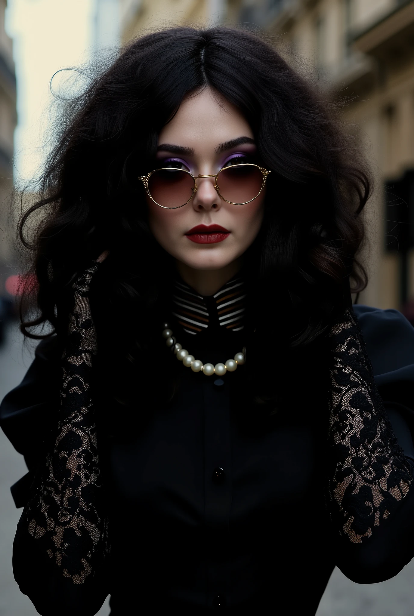 With long, curly black hair、Heavy makeup and purple eyeshadow、Dark eyeliner、Wearing a pearl necklace、Wearing gold-rimmed glasses、Wearing long gloves made of black rose lace、A woman in her wearing a black blouse with a striped stand-up collar.