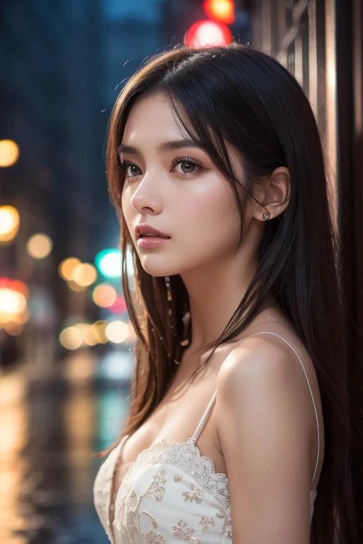 A girl holding a camera, mezcla4,(8k, Foto RAW, La mejor calidad, Obra maestra:1.2), (realista, fotorrealista:1.37),1girl,Lindo,Paisaje urbano, Noche, lluvia, Wet, Pro Lighting, Mapeo de fotones, Radiosidad, physically based representation, Cabello moreno degradado, cabello corto y rizado, guapo, Femenino, Juego de bolas blancas, Excelente calidad de imagen, High resolution, 1080p, (cara clara), (Detailed description of the face), (Detailed Hand Description), (Obra maestra), (CG exquisito), Luz y sombras extremas, cabello desordenado, Obra maestra, Detalles ricos, (Rasgos faciales exquisitos), (the highest picture quality), (Obra maestra), (ojos detallados), Mira hacia tus ojos, Delicate Collarbone, (senos grandes:1.2), apparent pretty nipple,