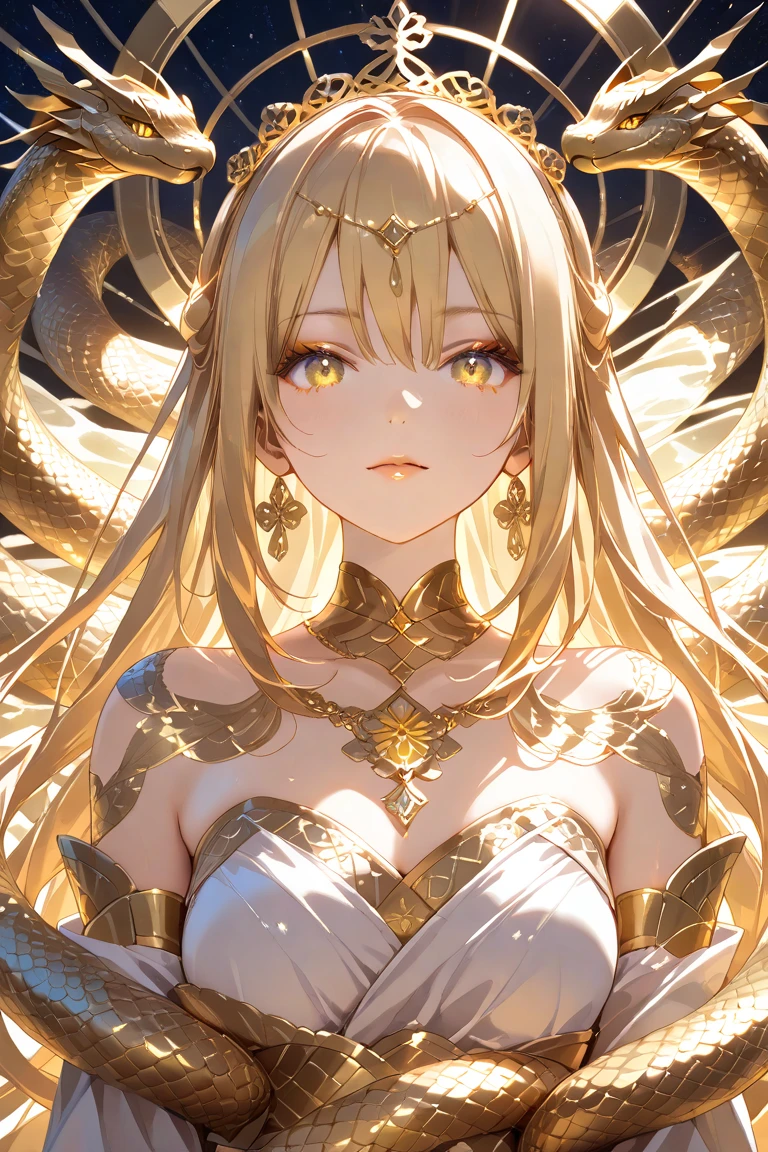 (best quality, ultra-detailed), golden scales, scale-like texture, beautiful detailed eyes, beautiful detailed lips, golden face, long eyelashes, detailed facial features, golden scaly skin, shimmering effect, serpentine body, lower body in the shape of a golden snake, golden hair flowing in the wind, colorful makeup, mesmerizing gauze, intense expression, piercing eyes, regal attire, ornate jewelry, elaborate headdress, lush garden background, serene atmosphere, soft natural lighting, radiant glow, vibrant colors , golden tones.