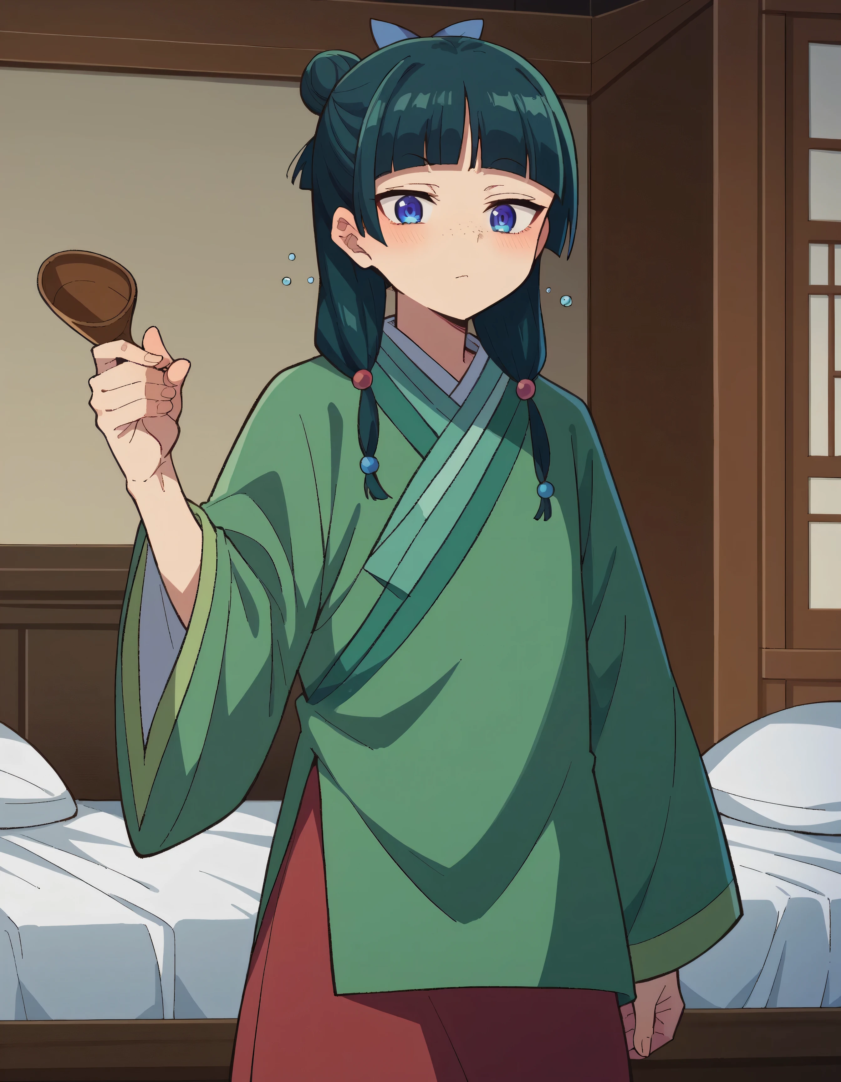  score_9,  score_8_up,  score_7_up,  source_anime,
 Mao Mao,  Mao Mao,  long hair, bangs,  blue eyes, hair ornaments close to the garden,  green hair, blunt bangs,  freckles, hair bun, single hair bun,
 Japanese Clothes, robe, green robe,  Long Sleeve, wide sleeve,  skirt, red  skirt,
indoors,  bed,  bed room, Aside, , drunk,
viewers, cowboy shot, Dutch Angle,