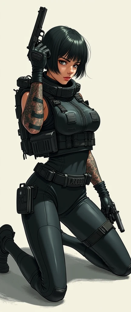 Grey, pink, white, purple, (long white hair woman), (full body shot), tattoos, chubby, big breasts, cleavage, sexy, erotic, (tactical techwear clothes:1.1), (tactical boots:1.1), abstract lines and circles background