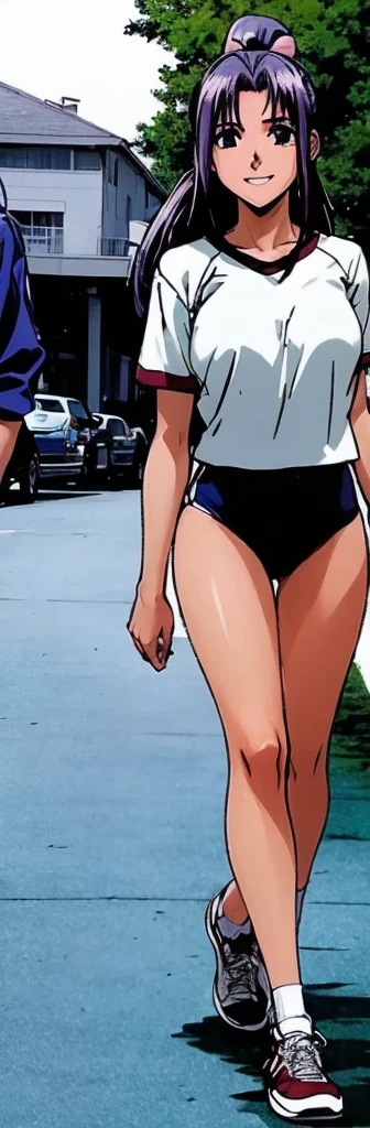 Momoko Koigakubo, a tall girl with beautiful legs, is standing at an angle wearing white gym clothes and light navy blue bloomers that look like panties.。