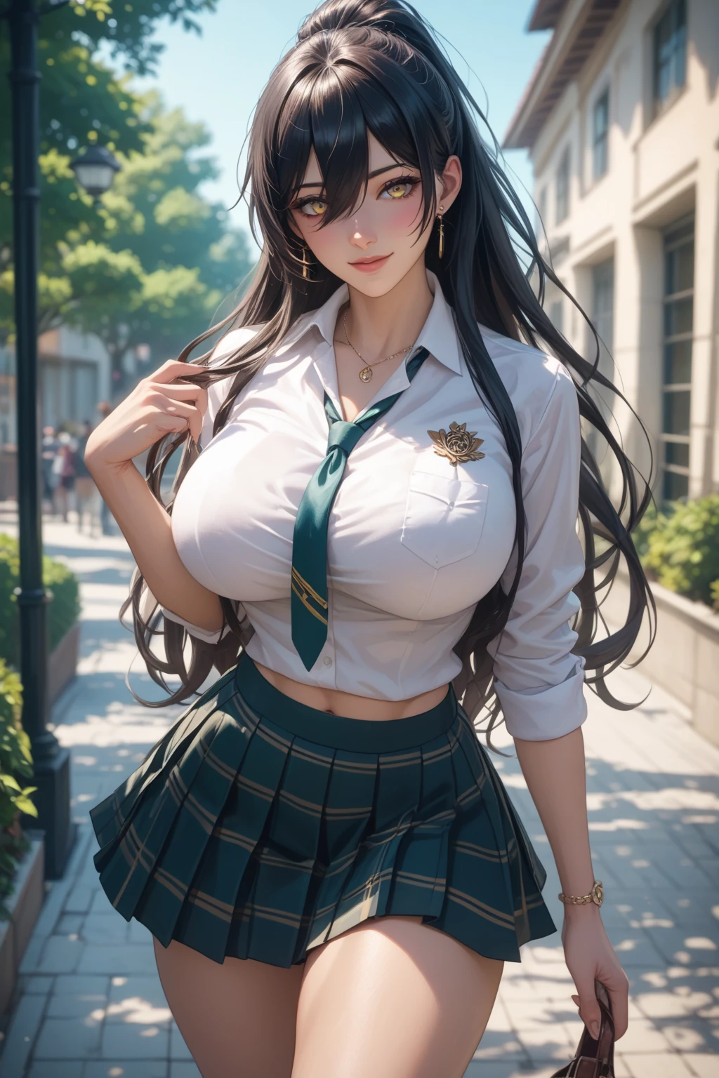 8K, Ultra High Definition, Super detailed, young girl of 18 years, Shiny detailed hair, detailed face, normal landscape, solo, looking at viewer, {{best quality}}, {{masterpiece}}, {{ultra-detailed}}, {detailed light}, ultra high quality eyes, detailed eyes, perfect eyes, large eyes, green eyes, schoolgirl outfit, black hair, long hair, beautiful, skinny body, White skin, slutty, erotic, blushing, open mouth, standing in suggestive pose, ((nsfw))