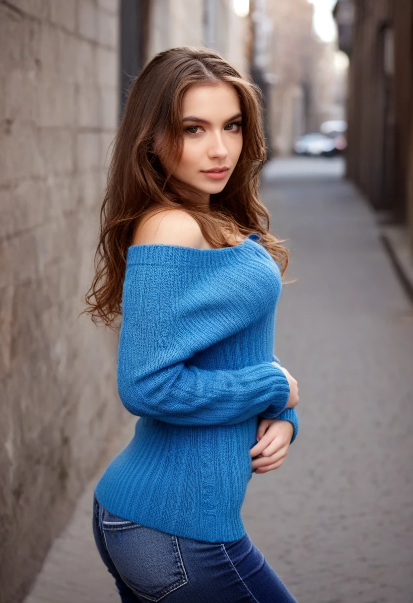 image of a beautiful brunette woman, natural appearance, beautiful model, long wavy hair, blue eyes, 1:4 portrait, bokeh, beautiful, wearing tight black stockings, a round neck sweater, sexy