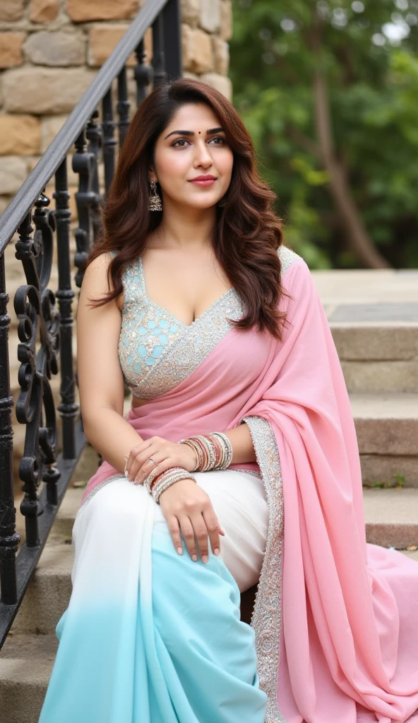 Madhuri Dixit Nene 26 years old beautiful different face cute sexy Indian girl, curvy figure, beautiful different colorful covered t-shirt naxal design blouse Bengali Matka Saree, big m-cup tight breast, different hairstyle, bright eyes, thin eyebrows, fair skin, blushing cheeks, head to thigh view, smiling face, Kamasutra expression, Straight front view standing beautiful different Moroccan Tiles background, ultra realistic, head to thigh view, black hair, Provocative eye Contact, glossy lips, attractive eye contract face,