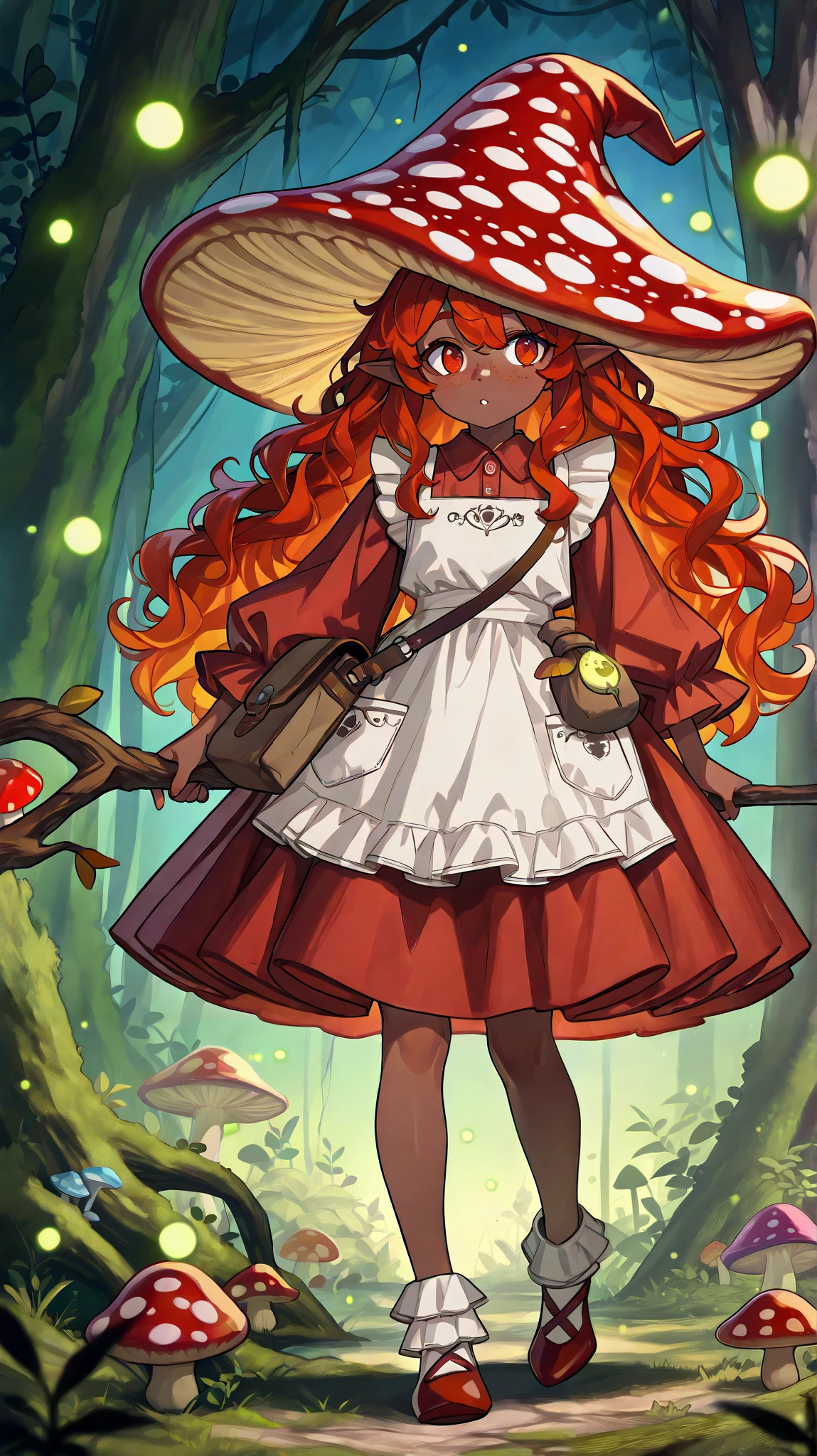 a Fungi Witch with tanned dark skin covered with freckles. She has yellow/scarlet eyes. She has loose ginger red wavy hair, long to her feet. She wears a swampy green medieval witch's dress and an apron with two pockets. You're wearing a potion belt. There is a bag over her shoulder with medicinal herbs sticking out of it. She has pointy witch's shoes. She wears a red fly Agaric hat on her head. In her hand she holds a staff in the shape of a tree branch overgrown with moss. she slowly walking in the mushroom grove where big mushroom-trees grow everywhere around the blooming swamp, fireflies are flying in the air.