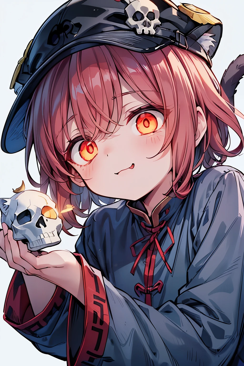 women, short brown hair, white mask, black and red eyes, top-hat, elegant black suit with red roses, creep