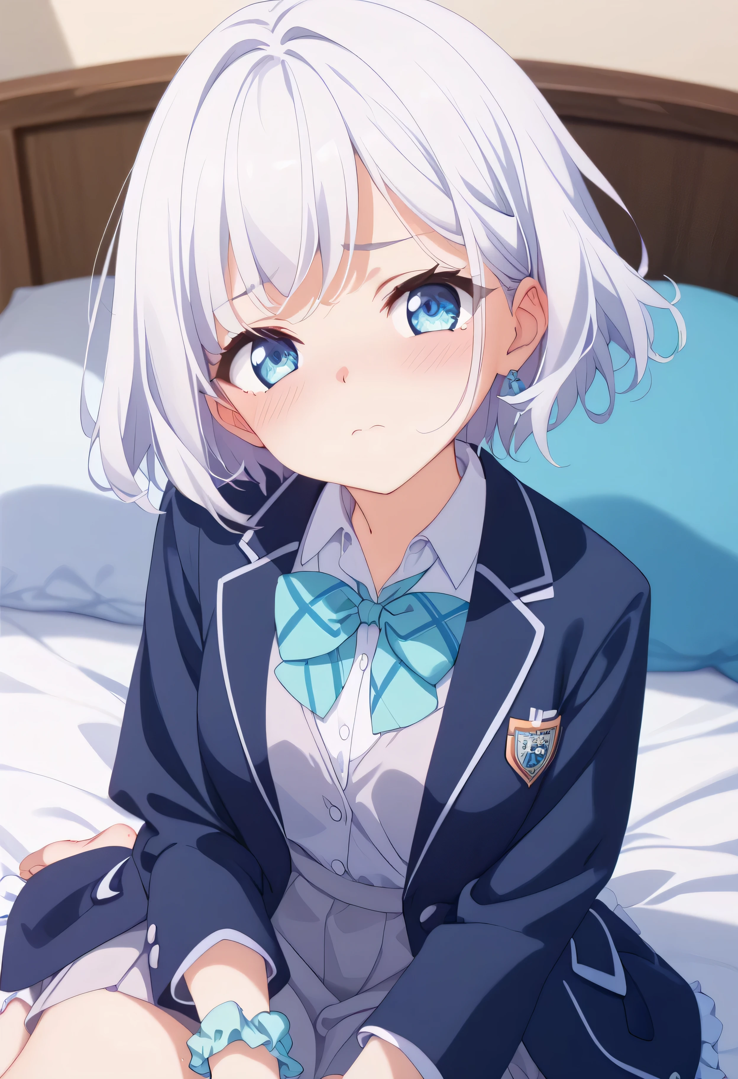 Highest quality、View the whole body、(one girl)、 Low、 elementary school student、 light blue eyes, short white hair around the left wrist or neck、Shy、makes me blush、( blazer)、on the bed、Obscene audio、Inappropriate language