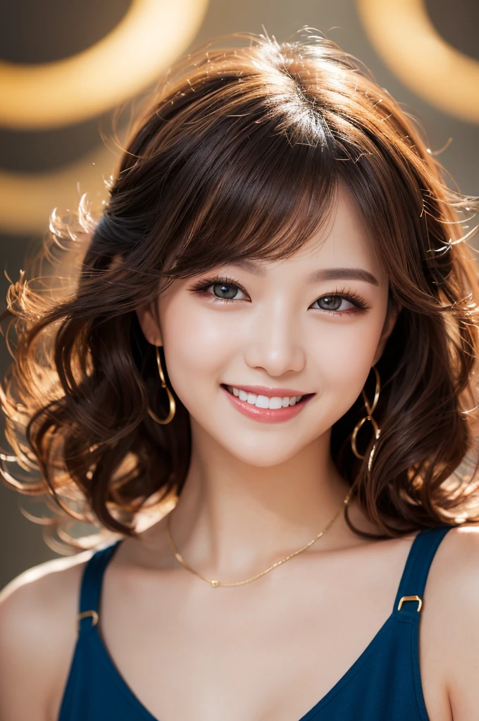 (Highest quality, DSLR camera, 8k, Highest quality, High resolution, Highest quality, Highest resolution, Very beautiful woman, Perfect anatomy), Bright brown eyes, Very bright brown eyes, Small diamond-shaped earrings, Looking directly at the camera, Beautiful brown hair, ((Baby face, Loose and cute medium ponytail)), Very short and beautiful bangs with brown hair, E-cup bust, Showing beautiful décolletage, Very beautiful 20-year-old, Lip gloss, Smiling very happily, Very cute smile, Upper teeth, Beautiful teeth, (Chic and stylish music stage as the background only), Slightly larger eyes, Small face, Tall supermodel, Beautifully shaped model, Holding a microphone and dancing and singing in random cool poses, Dynamic angle, Eye focus, Head tilt, Very detailed and realistic, Very beautiful 20-year-old, ((Medium shot)), Sharp jawline, ((Sophisticated K-POP idol outfit)), Deep waistline, Sexy legs, Side view, Smiling very joyfully, Laughing, Summer daytime