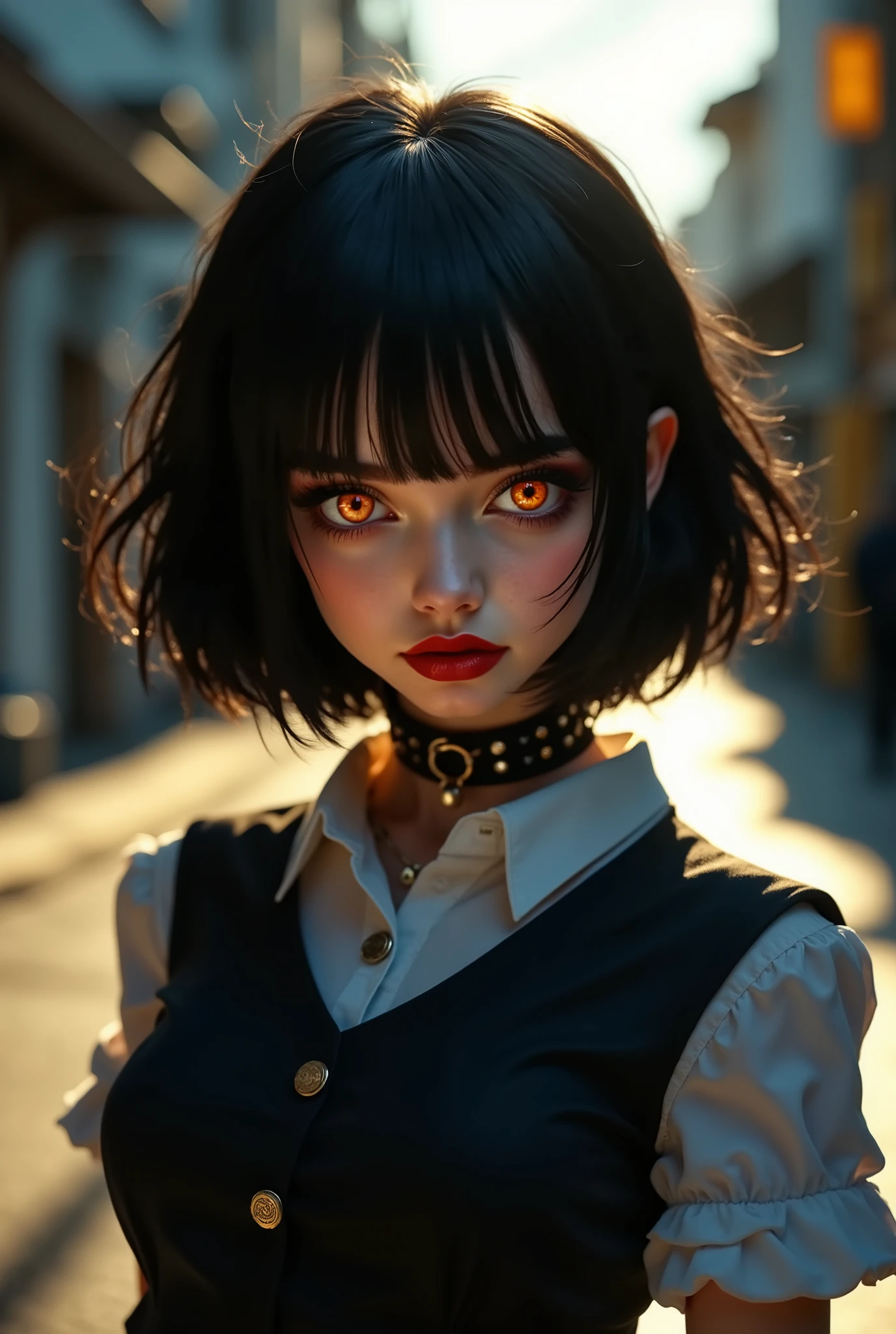 ((RAW photo), absurd, (absurdresolution)), (sexy), (tangerine-colored pupil, sharp pupil), ((realistic style)), ((slender, shapely girls)), (short hair, bangs) (Character with special powers or abilities) ((Collegiate attire or uniform)), Small details like accessories or marks on clothing, (Interest in anime, manga or Japanese culture, Mysterious personality), (looking at viewer), ((seductive, dangerous look), ((Midday, golden hour, asphalt, urban street)), ((Photographic perspective)). «SunPuma S»