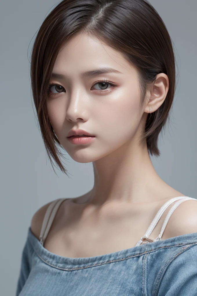 ((realistic lighting, white background,best quality, 8K, masterpiece:1.3)), sharp focus:1.2,realistic light,natural light,white background,top quality、8 thousand、32,000、masterpiece、UHD:1.2)、photo of korean woman,little beautiful girl, cute, Short hair, depth of field, high resolution, ultra detail, Highly detailed eyes and face,small eyes,Short hair