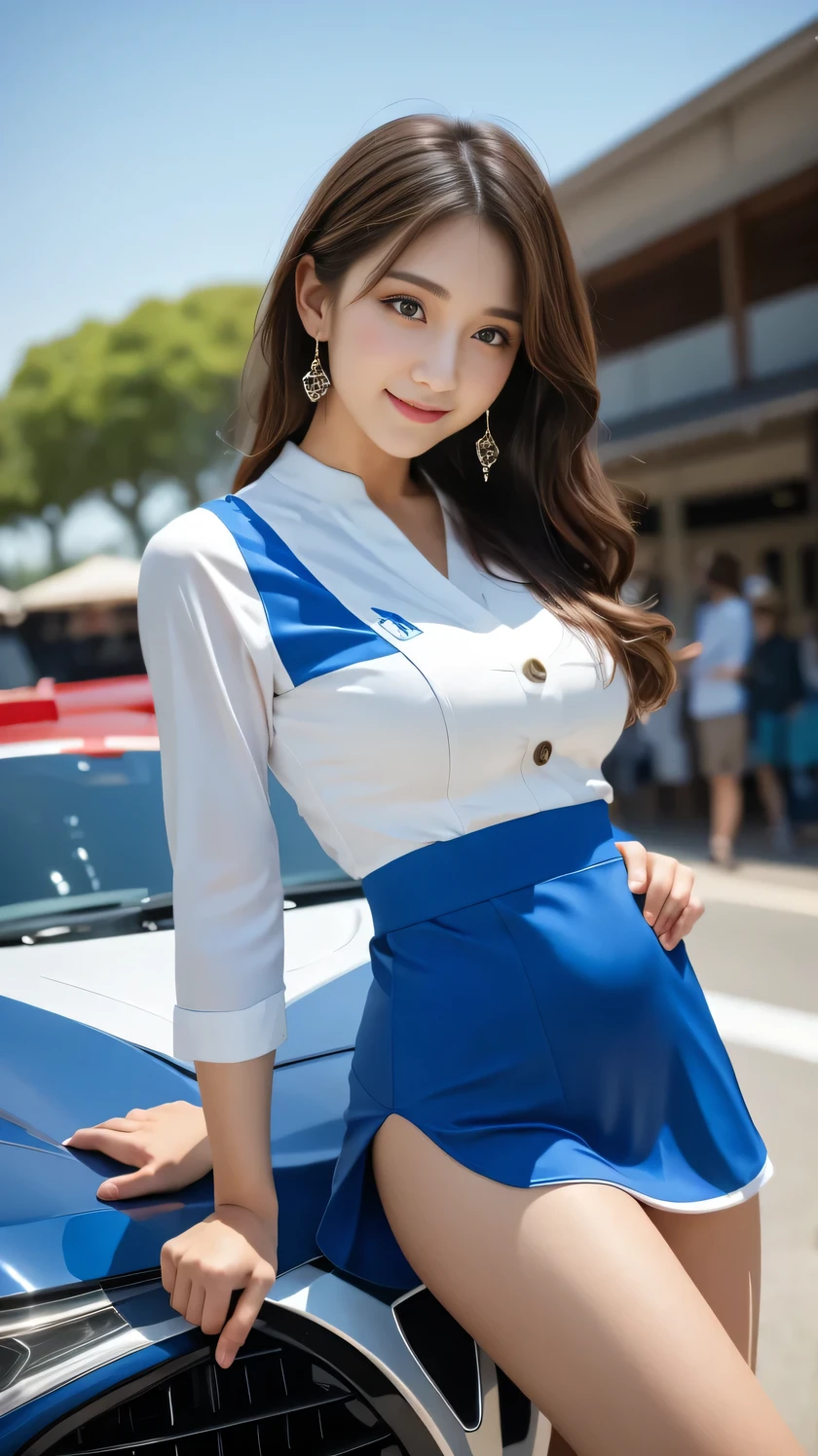 (8k, RAW Photo, best quality, masterpiece:1.2), ( by Nomi, photo- by Nomi:1.37), (whole body:1.3) (know), ( high definition ), Ultra by Nomi , hyper by Nomi, high definition RAW color photos 20 years worth .o woman, young female, facial beauty, ( High Know Face ), Uncorrected viewers , Perfect Face, young, know hair , , perfect breasts, professional lighting, photon mapping , radiosity, physics-based rendering , ultra-know , Very Knows , Beautiful Know Girl , Very Knows eyes and face, cinematic lighting, perfect meaning , Perfect Hands, perfect legs behind both hands, cinematic lighting, extremely detailed, by Nomi skin, showing belly , high heels, 1 girl,_ queen ,( big breasted:1.2), Clothes Scrap , underbust with a humiliating face , skirt, 屋outside,(( sports car)),((car)),(( Motor Show )),16age, beautiful smile,teeth,Outside race venue、 blue sky、outside、 random colors trending this year、 shaped race queen costume、 Suzuka Circuit