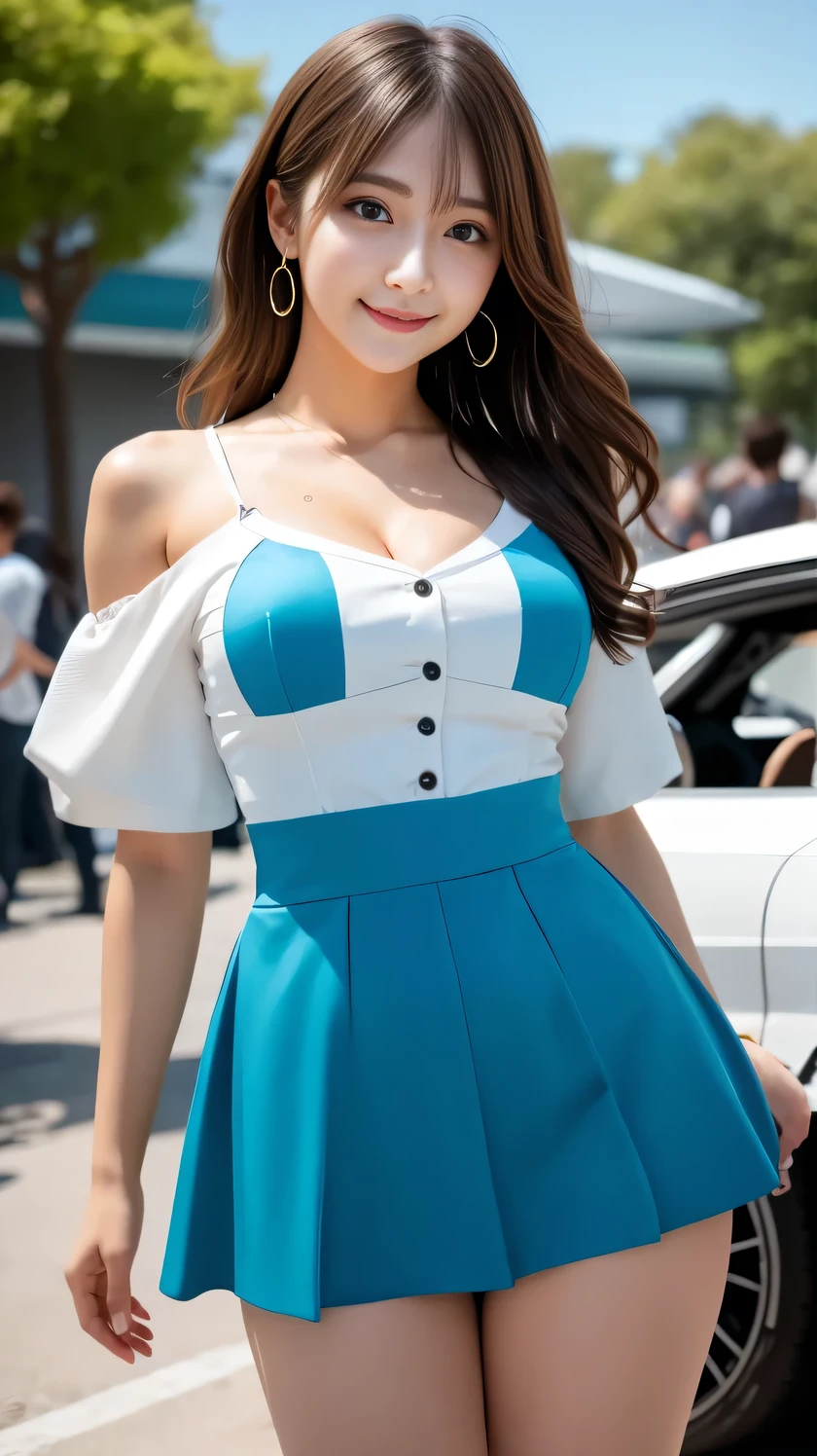 (8k, RAW Photo, best quality, masterpiece:1.2), ( by Nomi, photo- by Nomi:1.37), (whole body:1.3) (know), ( high definition ), Ultra by Nomi , hyper by Nomi, high definition RAW color photos 20 years worth .o woman, young female, facial beauty, ( High Know Face ), Uncorrected viewers , Perfect Face, young, know hair , , perfect breasts, professional lighting, photon mapping , radiosity, physics-based rendering , ultra-know , Very Knows , Beautiful Know Girl , Very Knows eyes and face, cinematic lighting, perfect meaning , Perfect Hands, perfect legs behind both hands, cinematic lighting, extremely detailed, by Nomi skin, showing belly , high heels, 1 girl,_ queen ,( big breasted:1.2), Clothes Scrap , underbust with a humiliating face , skirt, 屋outside,(( sports car)),((car)),(( Motor Show )),16age, beautiful smile,teeth,Outside race venue、 blue sky、outside、 random colors trending this year、 shaped race queen costume、 Suzuka Circuit