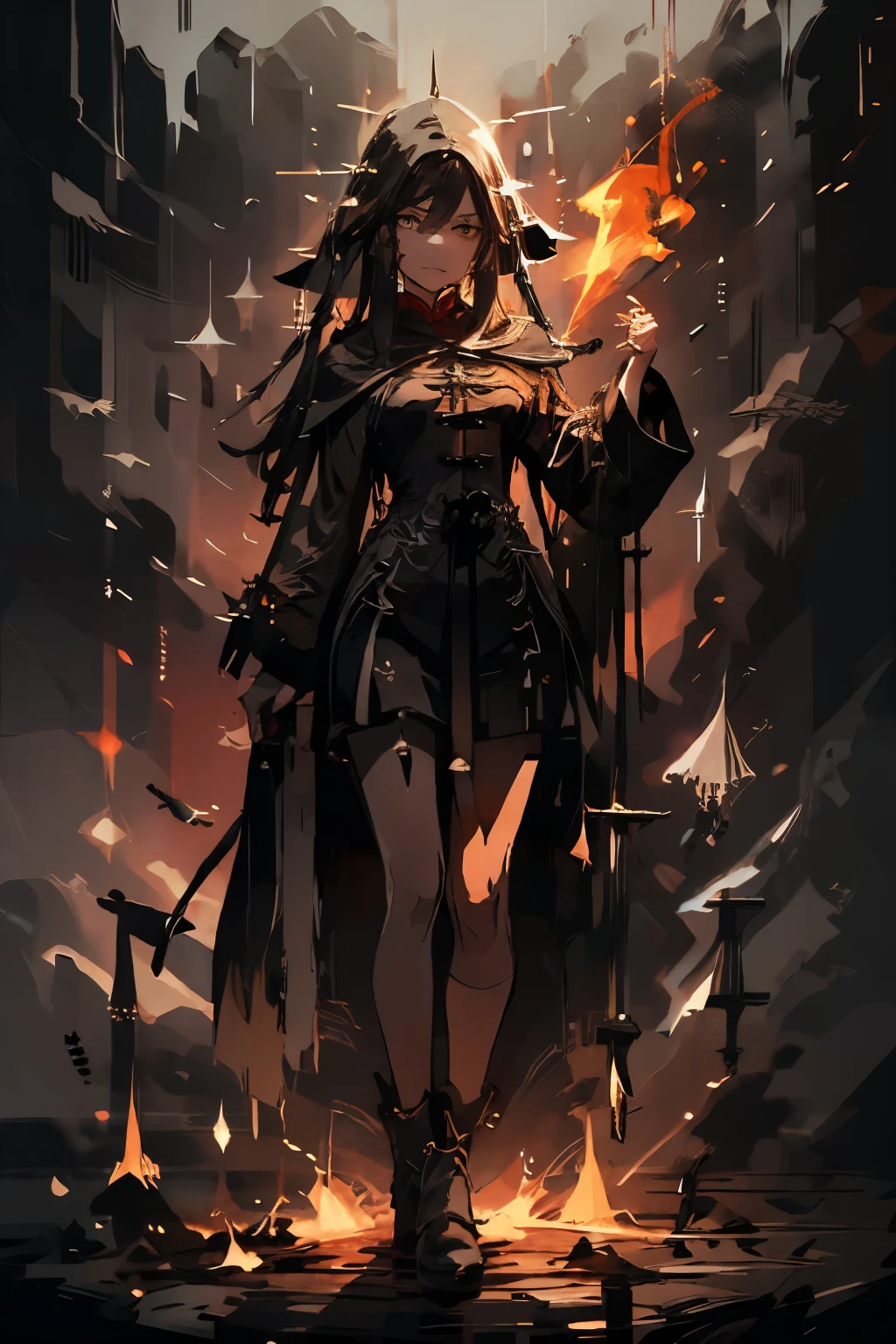 in the hood, older (masterpiece), best quality, expressive eyes, perfect face(masterpiece), best quality, expressive eyes, perfect face. A reimagined version of Hu Tao, without a headdress, fire around, a spear with flame in her hands, she is grown up and tall, she is wearing a black cloak with patterns, a dark background, a necromancer, full body