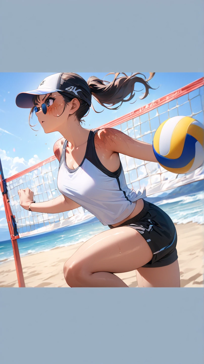 high quality,HD,16k,sharp lines,1 girl,Female beach volleyball athlete ,cute face, large breasts, nice legs,At the beach volleyball venue,focus girl,detailed beautiful face,detailed clothes,beautiful eyes,cool,dynamic angle