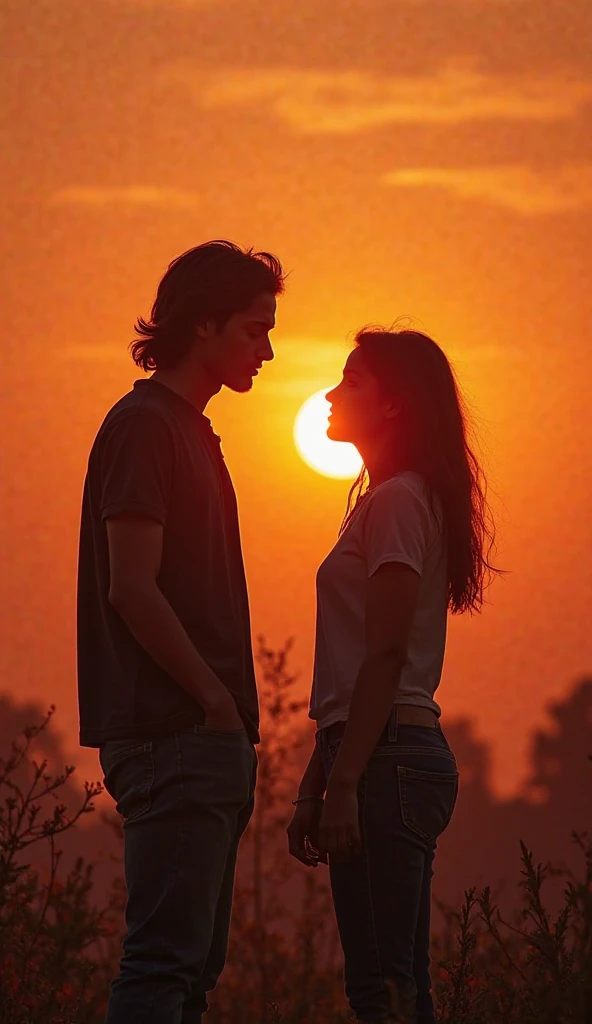 Sunset, evening glow, distant landscape, girl and boy partner, casual clothes, ship in the sky, three moons, true colors, colorful, gorgeous and colorful, wide lens, night photography, positive film, naturalistic style, shooting with high resolution.