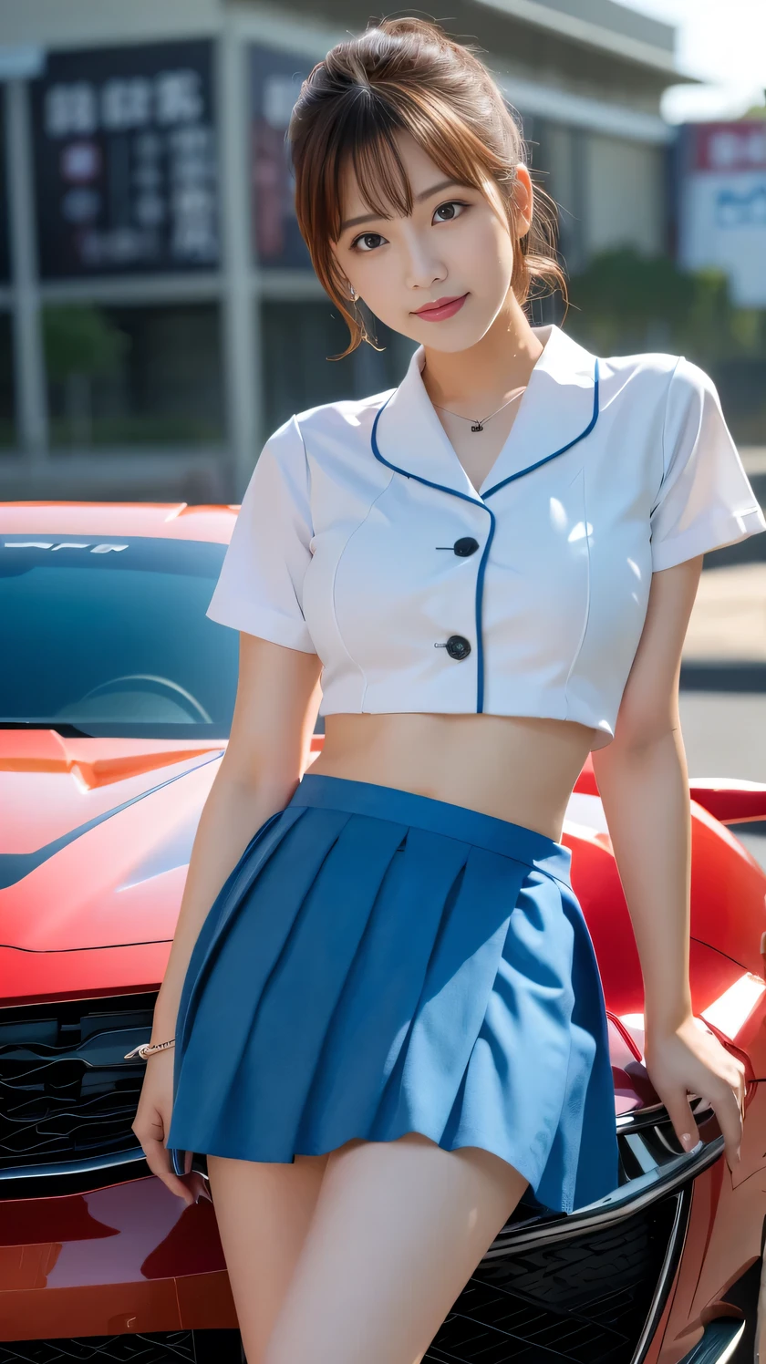 (8k,   RAW Photo,   best quality,  masterpiece:1.2), ( by Nomi, photo- by Nomi:1.37), (whole body:1.3) (know), (  high definition ), Ultra by Nomi , hyper by Nomi,   high definition RAW color photos 20 years worth .o woman,  young female,  facial beauty, (  High Know Face  ), Uncorrected viewers ,   Perfect Face,  young, know hair  , ,  perfect breasts,  professional lighting,   photon mapping ,   radiosity,   physics-based rendering  ,  ultra-know ,   Very Knows  ,  Beautiful Know Girl ,   Very Knows   eyes and face,  cinematic lighting,  perfect meaning  ,    Perfect Hands,   perfect legs behind both hands,  cinematic lighting,   extremely detailed,  by Nomi skin,   showing belly ,   high heels,  1 girl,_  queen ,( big breasted:1.2), Clothes Scrap   ,  underbust with a humiliating face ,   skirt, 屋outside,((  sports car)),((car)),((  Motor Show  )), beautiful smile,teeth,Outside race venue、 blue sky、outside、 random colors trending this year、 shaped race queen costume、 Suzuka Circuit 、24 years old、(((I'm flipping through my skirt to show my panties:1.8)))