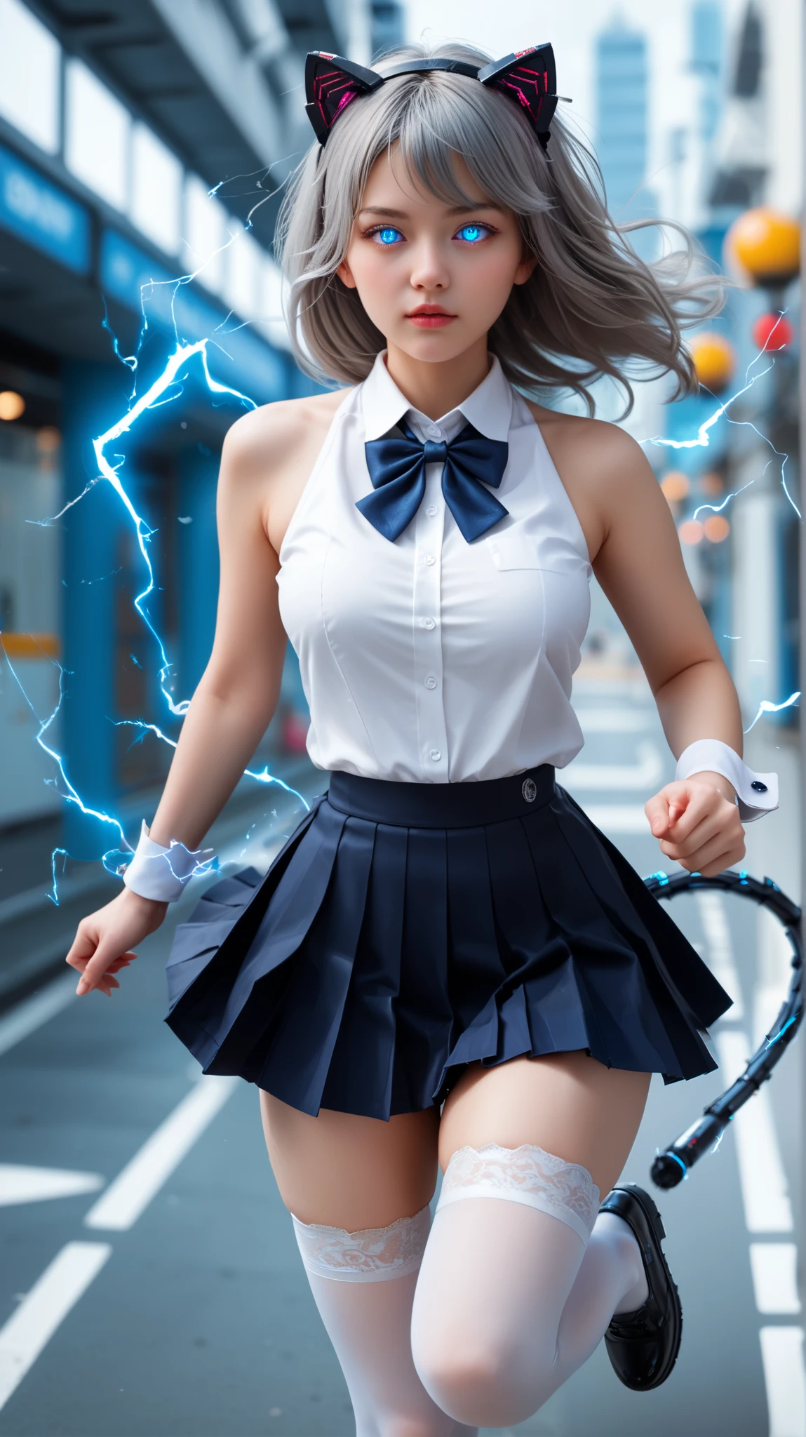 masterpiece, best quality, realistic,
1girl, solo,  
 superspeed, running, electricity, motion blur,  light trail, glowing eyes, eye trail
 IPhonechan, AppleIcon, blue eyes, grey hair, medium breasts, cat tail, tail bow, tail ornament, mechanical tail || bowtie, white shirt, collared shirt, bare shoulders, sleeveless, black leotard, wrist cuffs, zettai ryouiki, pleated skirt, black skirt, thighs, white thighhighs