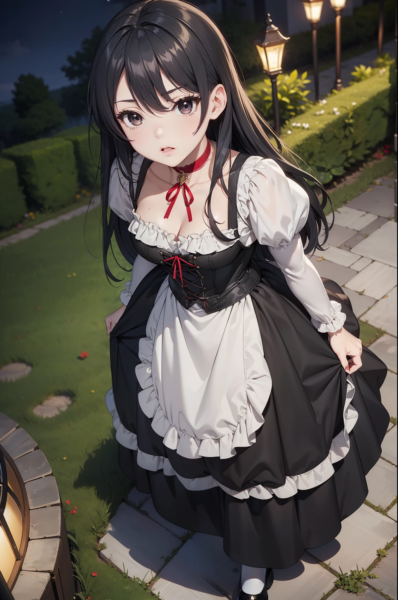 masterpiece, anime style, A young girl,  of foot, (seen from above). pretty face,  beautiful lips,  tender look, long black hair, detailed eyes,  black eyes,  choker : 1.6, ((Victorian style dress in red and white)), corset, (long skirt), self-critical , greenish garden,  at night