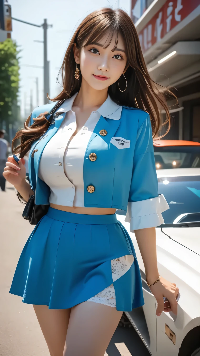 (8k, RAW Photo, best quality, masterpiece:1.2), ( by Nomi, photo- by Nomi:1.37), (whole body:1.3) (know), ( high definition ), Ultra by Nomi , hyper by Nomi, high definition RAW color photos 20 years worth .o woman, young female, facial beauty, ( High Know Face ), Uncorrected viewers , Perfect Face, young, know hair , , perfect breasts, professional lighting, photon mapping , radiosity, physics-based rendering , ultra-know , Very Knows , Beautiful Know Girl , Very Knows eyes and face, cinematic lighting, perfect meaning , Perfect Hands, perfect legs behind both hands, cinematic lighting, extremely detailed, by Nomi skin, showing belly , high heels, 1 girl,_ queen ,( big breasted:1.2), Clothes Scrap , underbust with a humiliating face , skirt, 屋outside,(( sports car)),((car)),(( Motor Show )), beautiful smile,teeth,Outside race venue、 blue sky、outside、 random colors trending this year、 shaped race queen costume、 Suzuka Circuit 、24 years old、I'm flipping through my skirt to show my panties