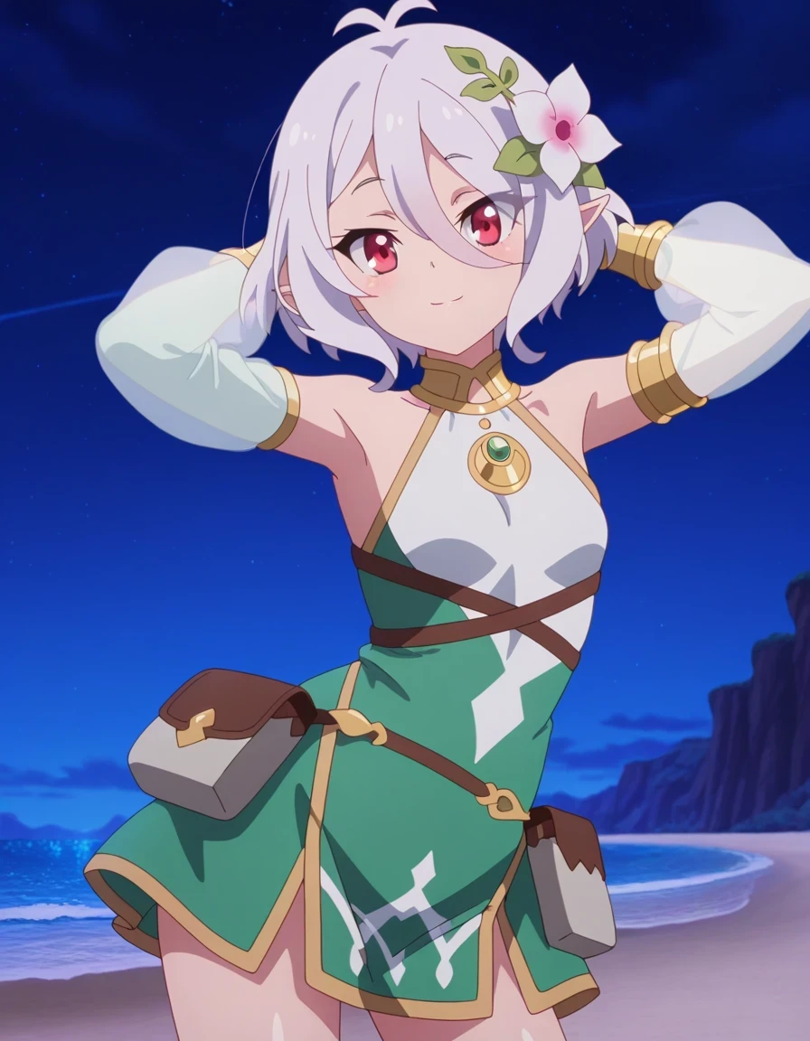 KokkoroDress, anime screencap, masterpiece, best quality,
1girl, solo, closed mouth, light smile,
short hair, white hair, antenna hair, magenta eyes, pointy ears, hair flower,
sleeveless dress, armlet, gold trim, asymmetrical clothes, strap, bridal gauntlets, see-through sleeves, pouch, shiny skin, solo, night sky, beach, hands behind head, ((contrapposto)), closed mouth, cowboy shot, looking at viewer, smile, best quality