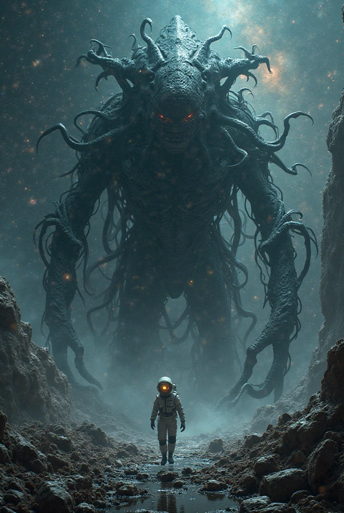 A little explorer landed on an ancient white meteorite floating in space，author：Victor I, kilian eng bright colors, Dynamic Lighting, The Art of Mathematics, Award-winning masterpiece, very beautiful, illustration, Aesthetics inspired by Beksinski and Damenford, Popular on artstationh, Artwork by Greg Rutkoski,marble，Cthulhu，scary photo
