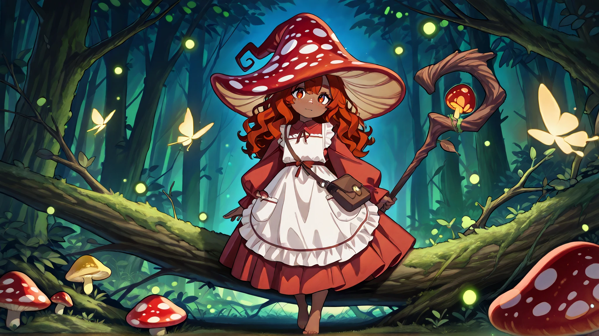 a Fungi Witch with tanned dark skin covered with freckles. She has yellow/scarlet eyes. She has loose ginger red wavy hair, long to her feet. Per dressing set: She wears a swampy green medieval witch's dress and an apron with two pockets.she wearing a potion belt.There is a bag over her shoulder with medicinal herbs sticking out of it. She has pointy witch's shoes. She wears a red fly Agaric hat on her head. In her hand she holds a staff in the shape of a tree branch overgrown with moss. she slowly walking in the mushroom grove where big mushroom-trees grow everywhere around the blooming swamp, fireflies are flying in the air.