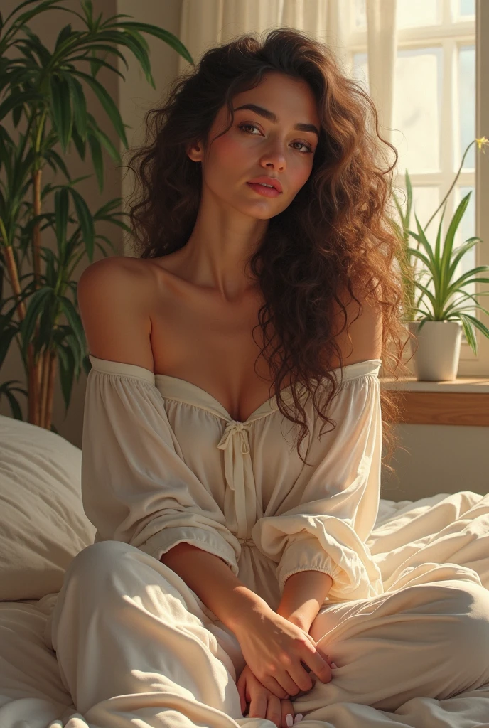 (photorealism:1.2), beautiful woman, sitting on bed, wearing loose off-shoulder top, pajama pants, long curly hair, indoors, soft lighting, plants in background, window with sunlight, cozy room, relaxed pose, realistic, intricate details, warm colors, by Greg Rutkowski, by Alphonse Mucha