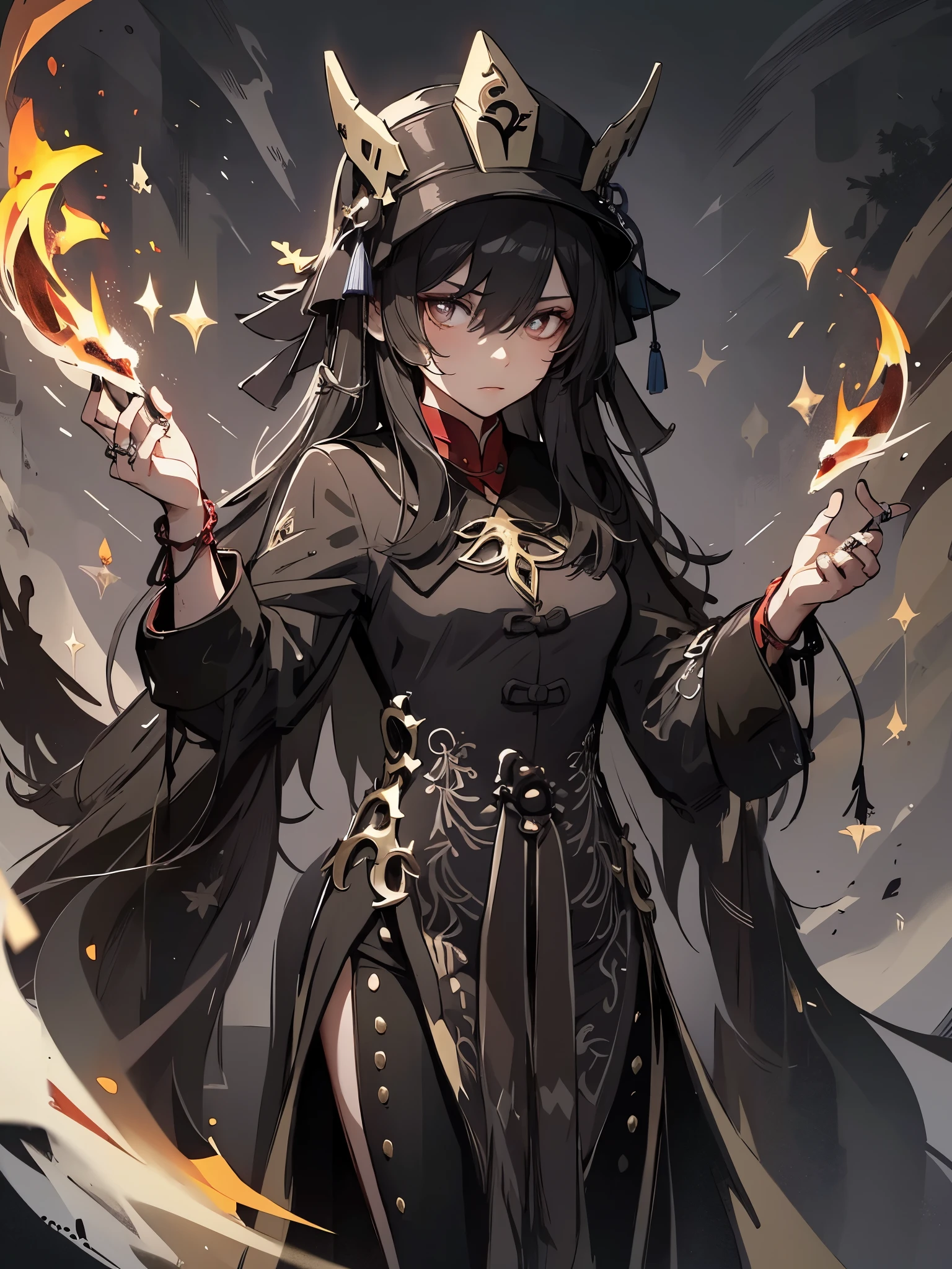 in the hood, older (masterpiece), best quality, expressive eyes, perfect face(masterpiece), best quality, expressive eyes, perfect face. A reimagined version of Hu Tao, without a headdress, fire around, a spear with flame in her hands, she is grown up and tall, she is wearing a black cloak with patterns, a dark background, a necromancer, full body
