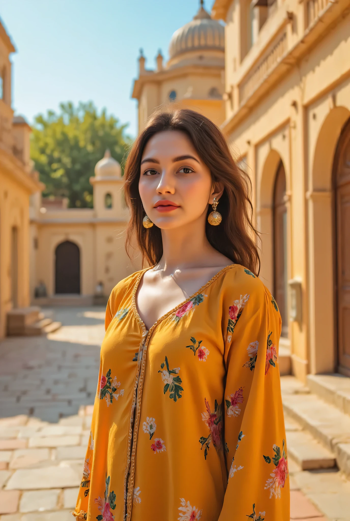 24 year girl in Indian village not modern village rural vibe wearing punjabi patiyala kurta set in jaipur hawa mahal front on road
