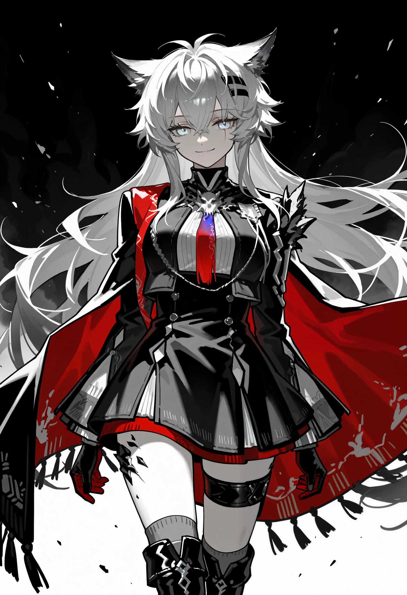 masterpiece, top quality, 1 girl, smile, Cowboy Shots, lappland the decadenza \(arknights\),long hair,very long hair,hair between eyes,antenna hair,messy hair,scar across eye,animal ears,wolf ears,hairclip,wolf girl,
brooch,necktie,white shirt,jacket,black jacket,open jacket,long sleeves,fur trim,cape,two-sided fabric,two-sided cape,short dress,black dress,gloves,oripathy lesion \(arknights\),thigh strap,socks,grey socks,knee boots,black footwear,
