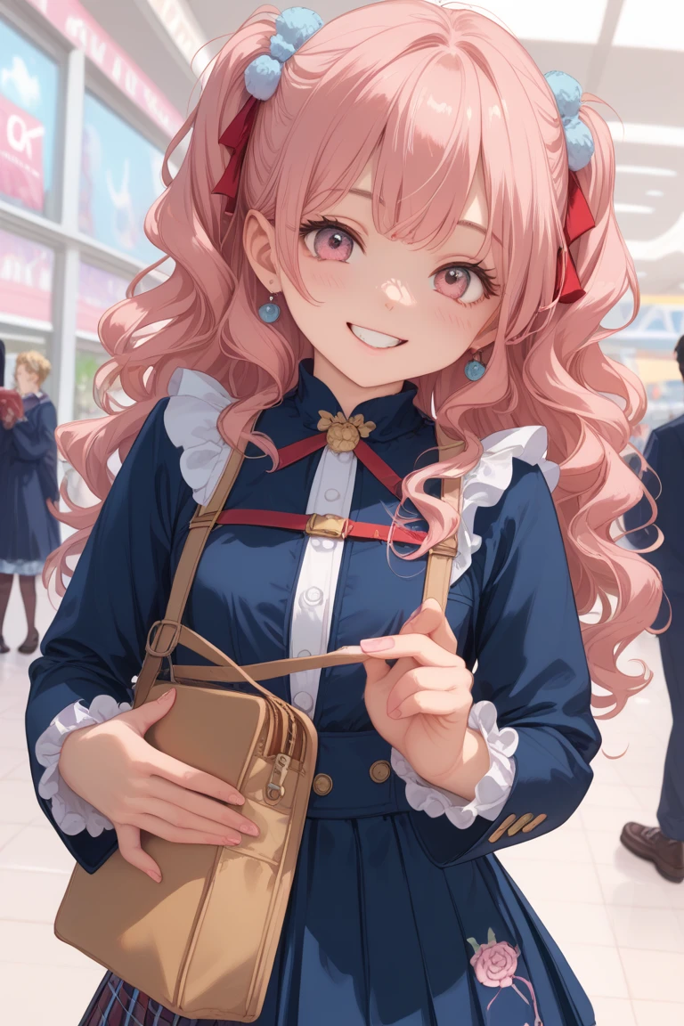 large scissors。stand on the lawn in the park in the evening, hold your hands next to your face, and smile、pink wavy hair with pink eyes、navy blue blazer and white shirt and red checked mall breasts,  size, petite body。Highest quality、realistic texture、 realistic colors。