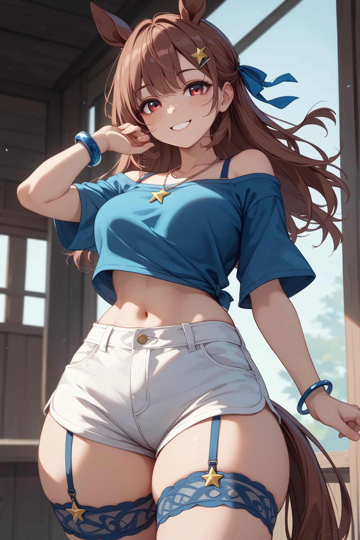 1girl (Megumin), cabelo castanho, cabelo curto, red eyes, topo de corte, denim shorts, quarto, coxas listradas,