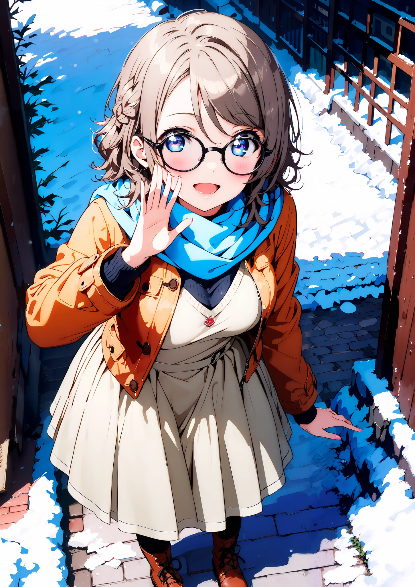 score_9, score_8_up, score_7_up, Alone, 1 girl, Watanabe, short hair,Medium breast,half updo,Glasses,smile,opens her mouth,white breath,blush, duffle coat,(sweater :1.2),( turtleneck:1.2),blue scarf , white long skirt,shoes, snow boots ,snow,morning,standing,full bodyがイラストに入るように,
break outdoors, residential area,
break looking at viewer,full body,
break (masterpiece:1.2),Highest quality , kampala, Unity 8K Wallpaper ,(shape:0.8),( fine, beautiful eyes :1.6),It's a person ,full body写真,CG Details , (perfect hands, complete anatomy),