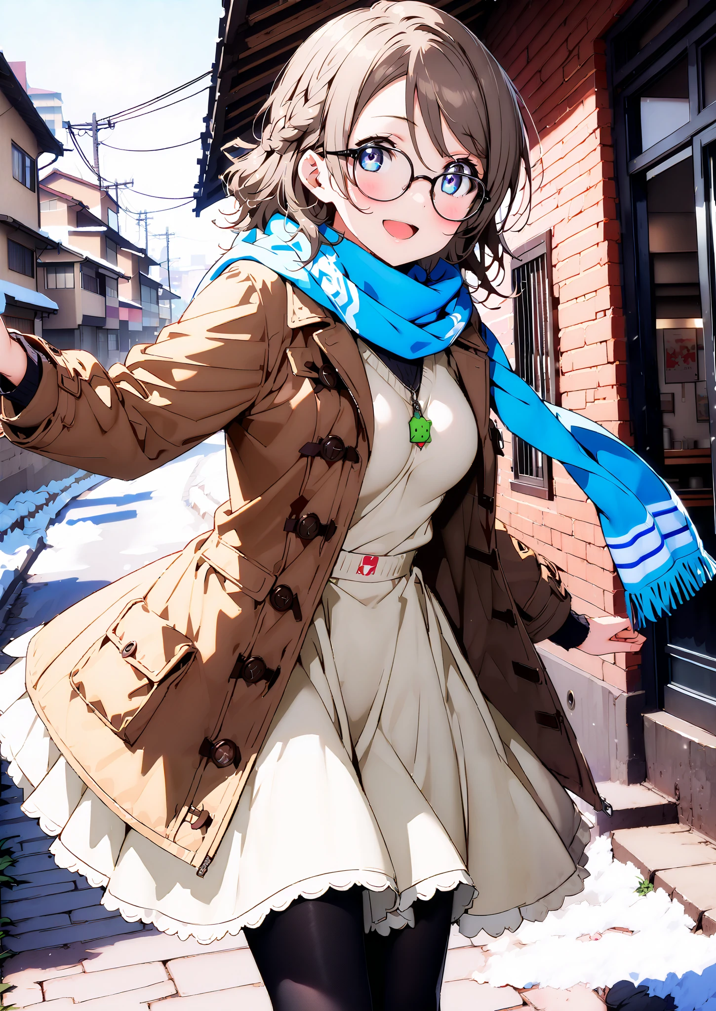 score_9, score_8_up, score_7_up, Alone, 1 girl, Watanabe, short hair,Medium breast,half updo,Glasses,smile,opens her mouth,white breath,blush, duffle coat,(sweater :1.2),( turtleneck:1.2),blue scarf , white long skirt,shoes, snow boots ,snow,morning,standing,full bodyがイラストに入るように,
break outdoors, residential area,
break looking at viewer,full body,
break (masterpiece:1.2),Highest quality , kampala, Unity 8K Wallpaper ,(shape:0.8),( fine, beautiful eyes :1.6),It's a person ,full body写真,CG Details , (perfect hands, complete anatomy),