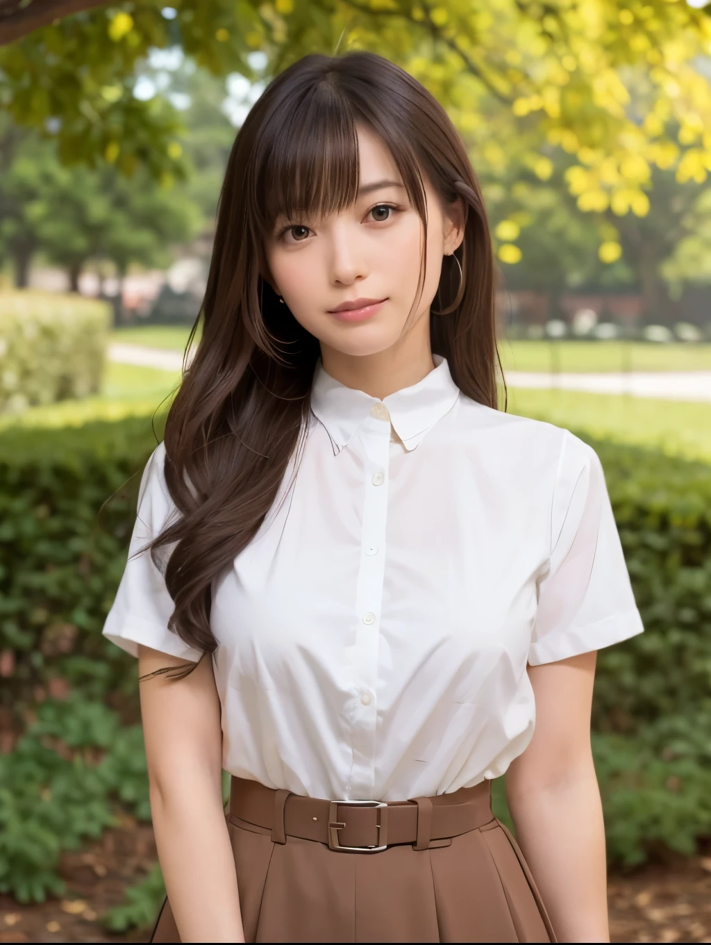 nsfw,Ultimate Perfection,1080P,{{{{Highest quality}}}},{{{masterpiece}}},{{{best quality}}},{{ultra-detailed}},{illustration},{{an extremely delicate and beautiful}},high quality,hyper quality,very_high_resolution,large_filesize,full color,ultra-detailed,disheveled hair,8k,bestquality,girl,{{{{park background}}}},{{{{{{medium breasts}}}}}},{{long hair}},{brown eyes},{{{{White shirt}}}},{{brown skirt}},