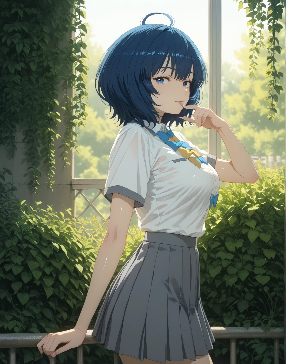 score_9,score_8_up,score_7_up, high resolution images, masterpiece, top quality, Great Quality, Alone, shiny skin, gleaming skin, shiny skin, gleaming skin, afterglow, garden, ((((evening)))), ((low light)),
, annayanami, medium hair, blue eyes, ahoge, blue hair, medium breasts, skirt, shirt, bow, school uniform, white shirt, short sleeves, pleated skirt, bow tie, yellow bow, gray skirt, yellow bow tie, blue bow, blue bow, sexy pose, tongue, she is looking back,