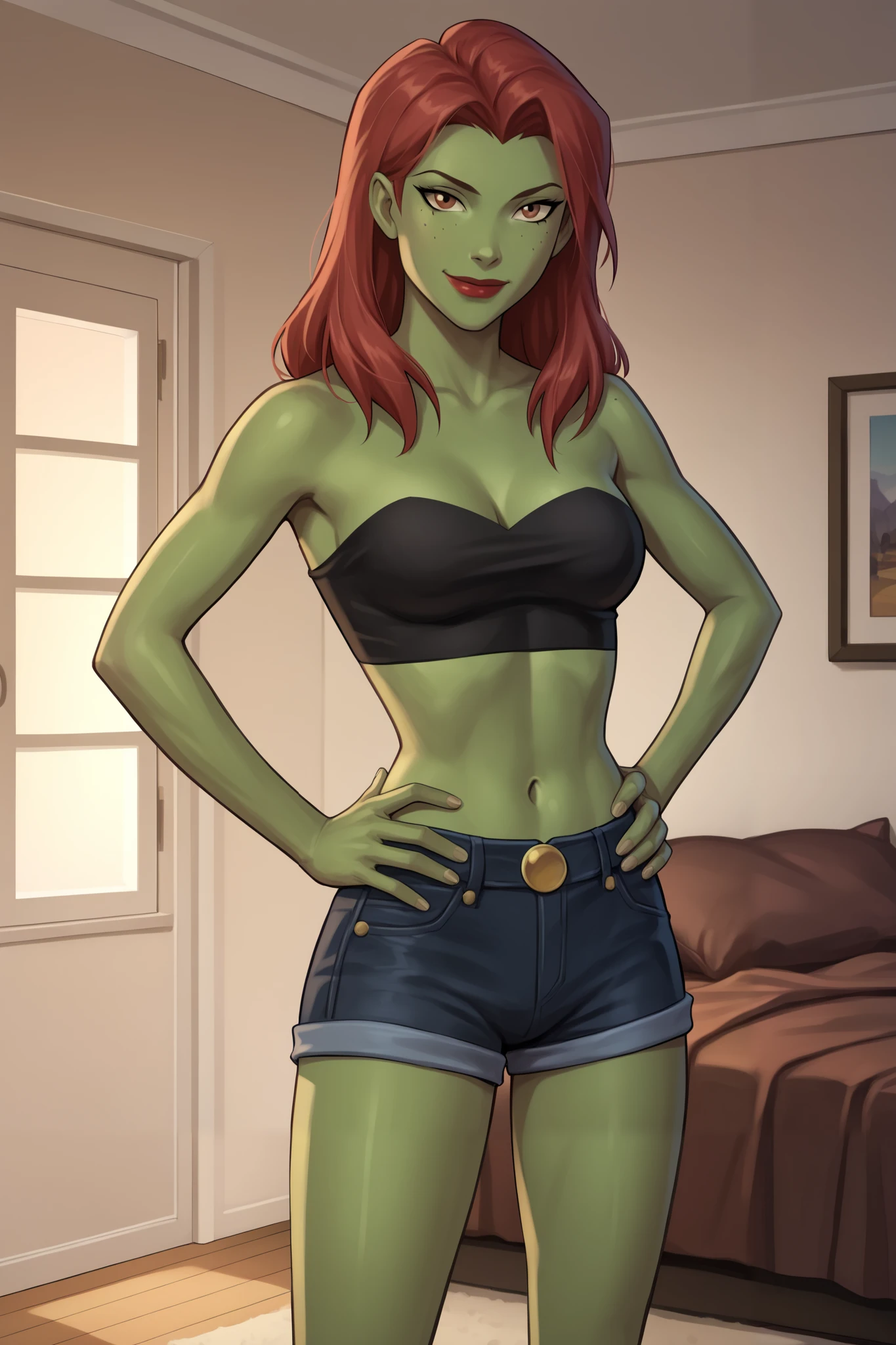 PonyXLV6_Scores BREAK (perfect anatomy, perfect eyes), BREAK mgann morzz, straight hair, red hair, colored skin, green skin, freckles, brown eyes, makeup, bright red lipstick, ((looking at viewer)), superhero, black tube top, black jean shorts, curvy, athletic, standing, indoors, smiling, closed mouth, bedroom, confident expression, hands on hips, seductive pose, sexually suggestive pose