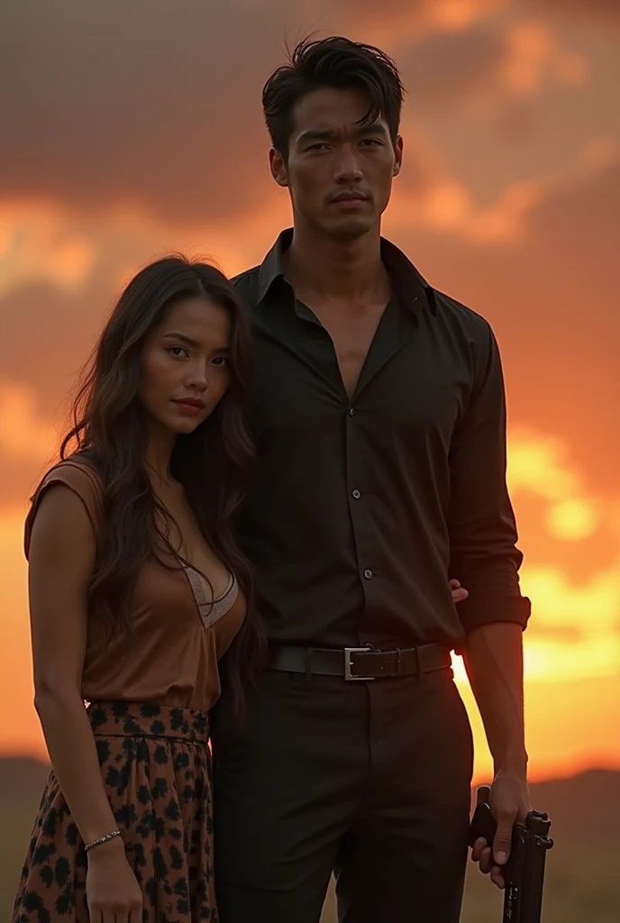 Strong black man lifts a white woman with one hand,cliffside,the setting sun,Contre-Jour