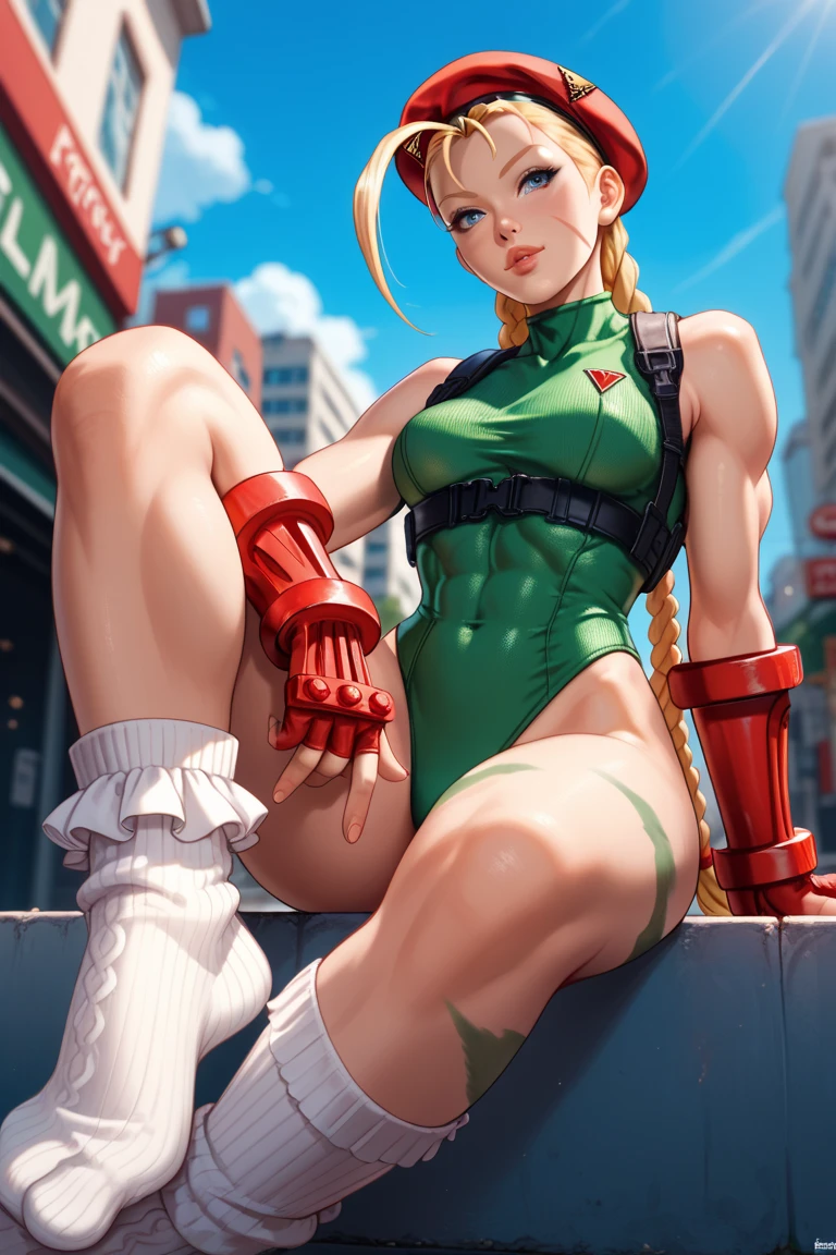 Obra maestra, mejor calidad, high resolution, 1 chica, cammy blanco, trenzas gemelas, pelo largo, pelo rubio, pelo de antena, boina roja:1.3,  blue eyes, cicatriz en la mejilla, leotardo verde, pechos grandes, sin mangas, guantes rojos, guantes sin dedos, camuflaje, tiro de vaquero, de pie, al aire libre, brazos a los costados, directo,