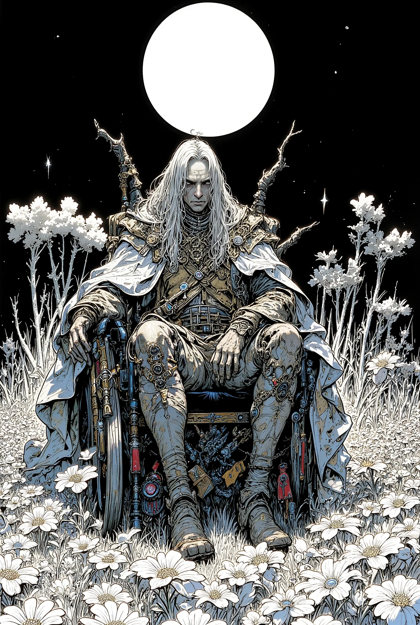 An old hunter in a wheelchair in a field of white flowers at night, hunter's hat,An old hunter with long white hair,Wearing worn-out hunting attire and hat、A sooty cloak and cloth-wrapped armbands,Right leg with prosthetic, mysterious and strange ,Pale moon in the sky, nightmarish concept art , bloodborne rpg concept art , High Definition Character ,Ultra-detailed images , RPG Character Concept Art ,Bloodborne video game character art,Highly detailed line art, Low Saturation but Vivid Ink Drawing , So Unreal, Overall sooty color tone,Performance with pale light,The contrast between the white petals and the dark attire creates a dramatic effect,Gehrman
