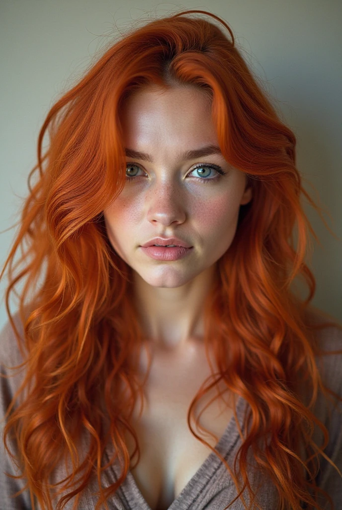 a portrait of a beautiful woman, (height 1.2), she has long wavy and red hair, sunset, sunkissed, sunshine, blue eyes