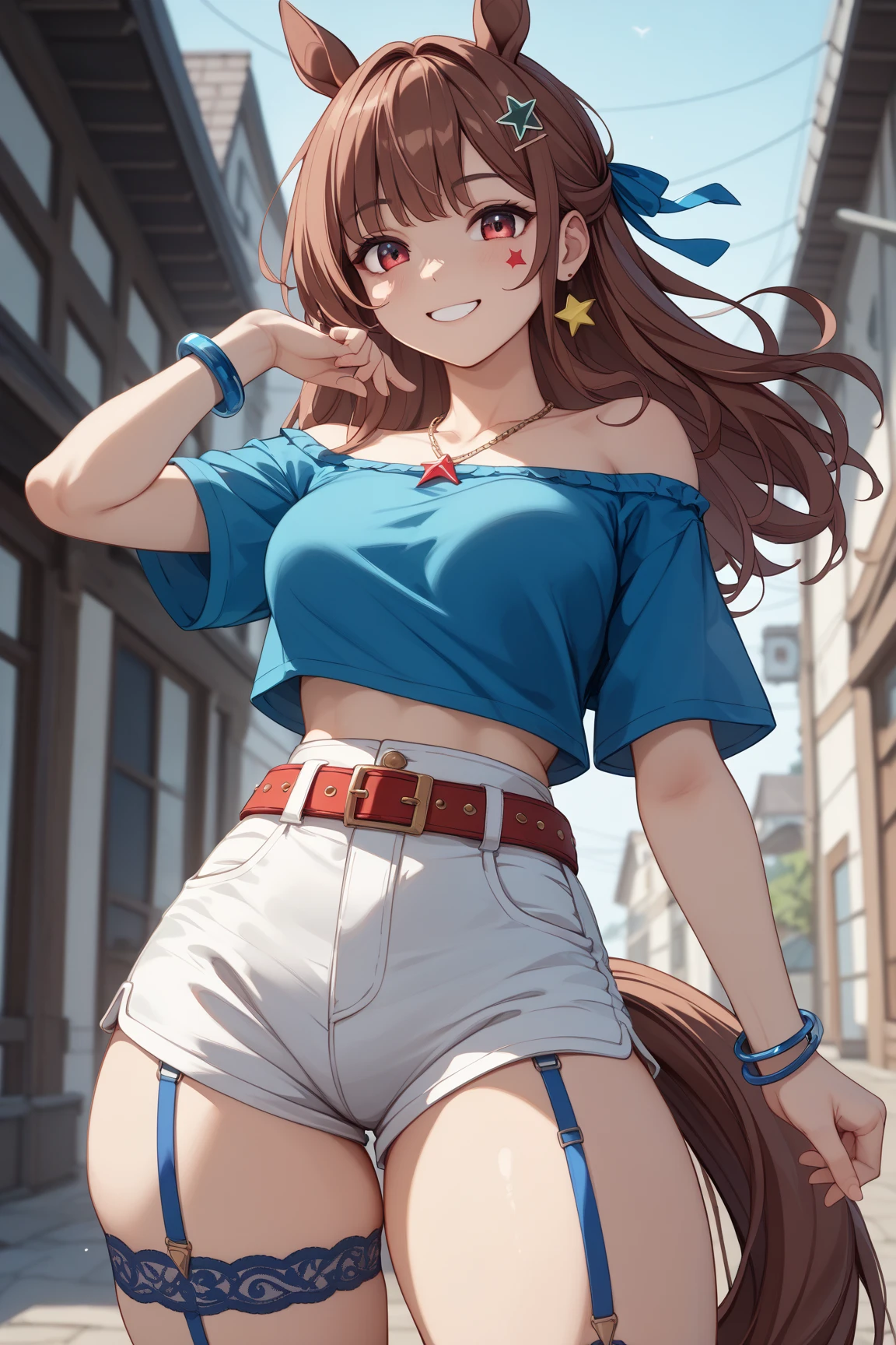 1girl, ultra high res, large chest, cleavage, shorts, smile, perspective from below, giantess girl , crushing stomp