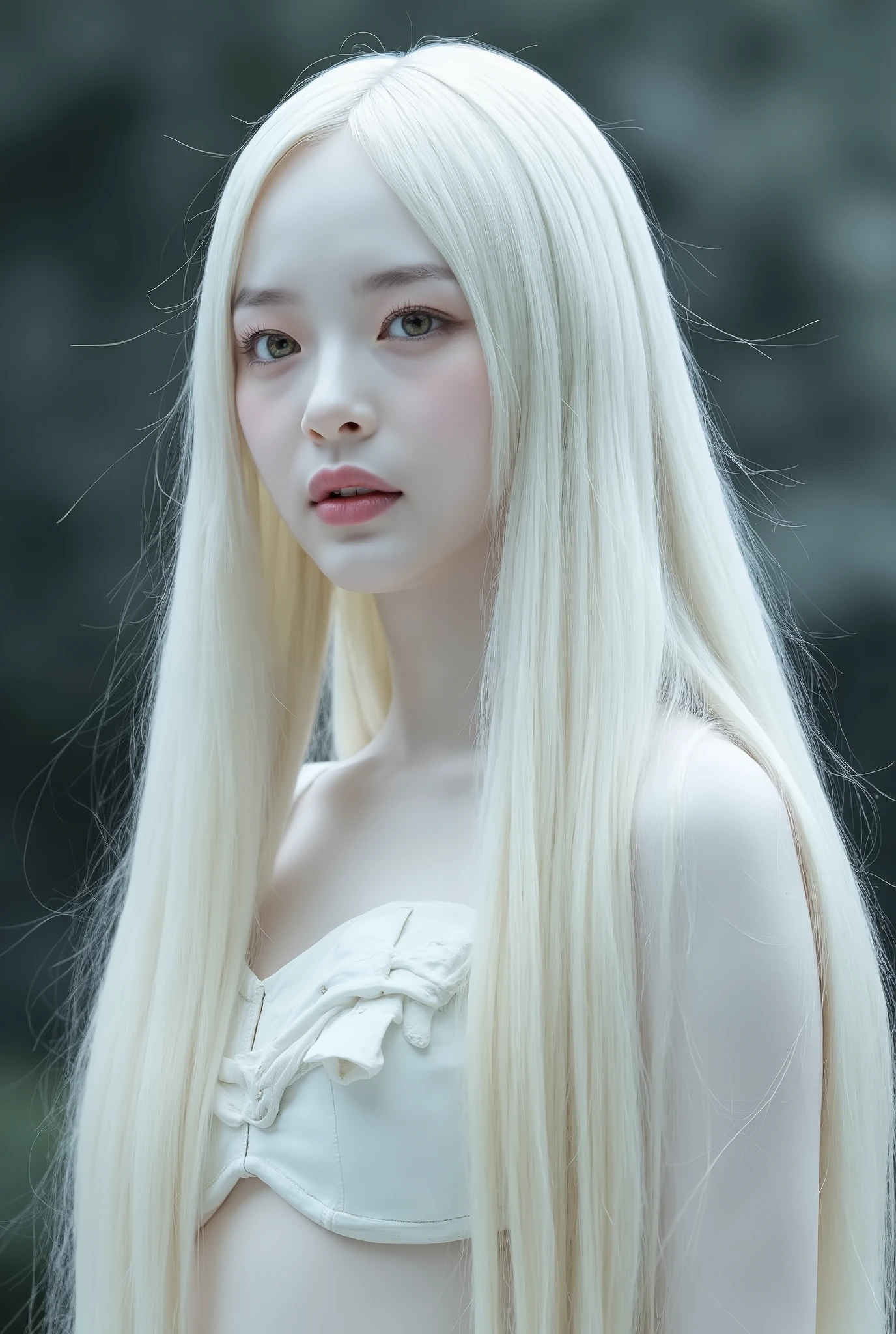 white skin and reflective eyes, natalie shau, portrait of albino mystic, with long white hair, albino white pale skin, with white long hair, inspired by Ignacy Witkiewicz, natalie shau tom bagshaw, inspired by Ray Caesar, white witch, monia merlo, pale goth beauty, pale white face, Bust Size 36DD inches, Waist Size 24 inches, High Hip Size 36 inches, Hip Size 36 inches, wearing micro bikini