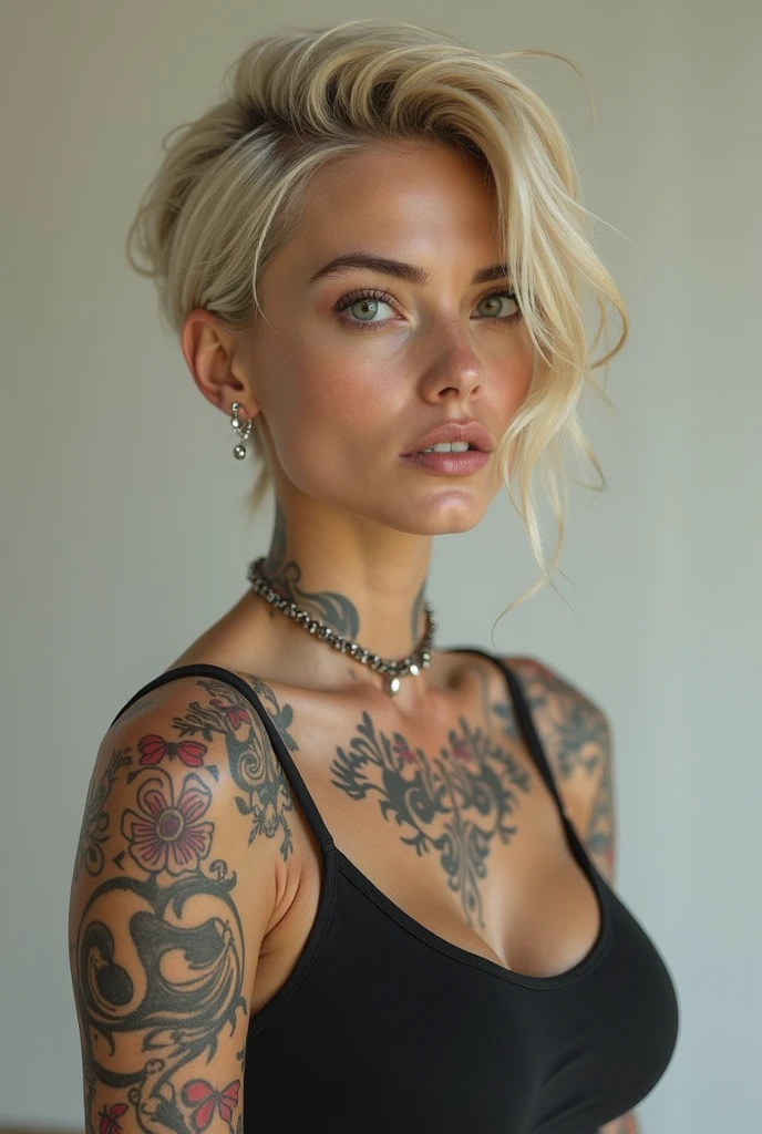 Generate a 515px X 512px photo-realistic AI image of a model adorned with intricate full-body tattoos, showcasing a combination of elegance and artistic expression in a studio setting. Capture the details of the tattoos and the model's pose with stunning realism and aesthetic appeal.